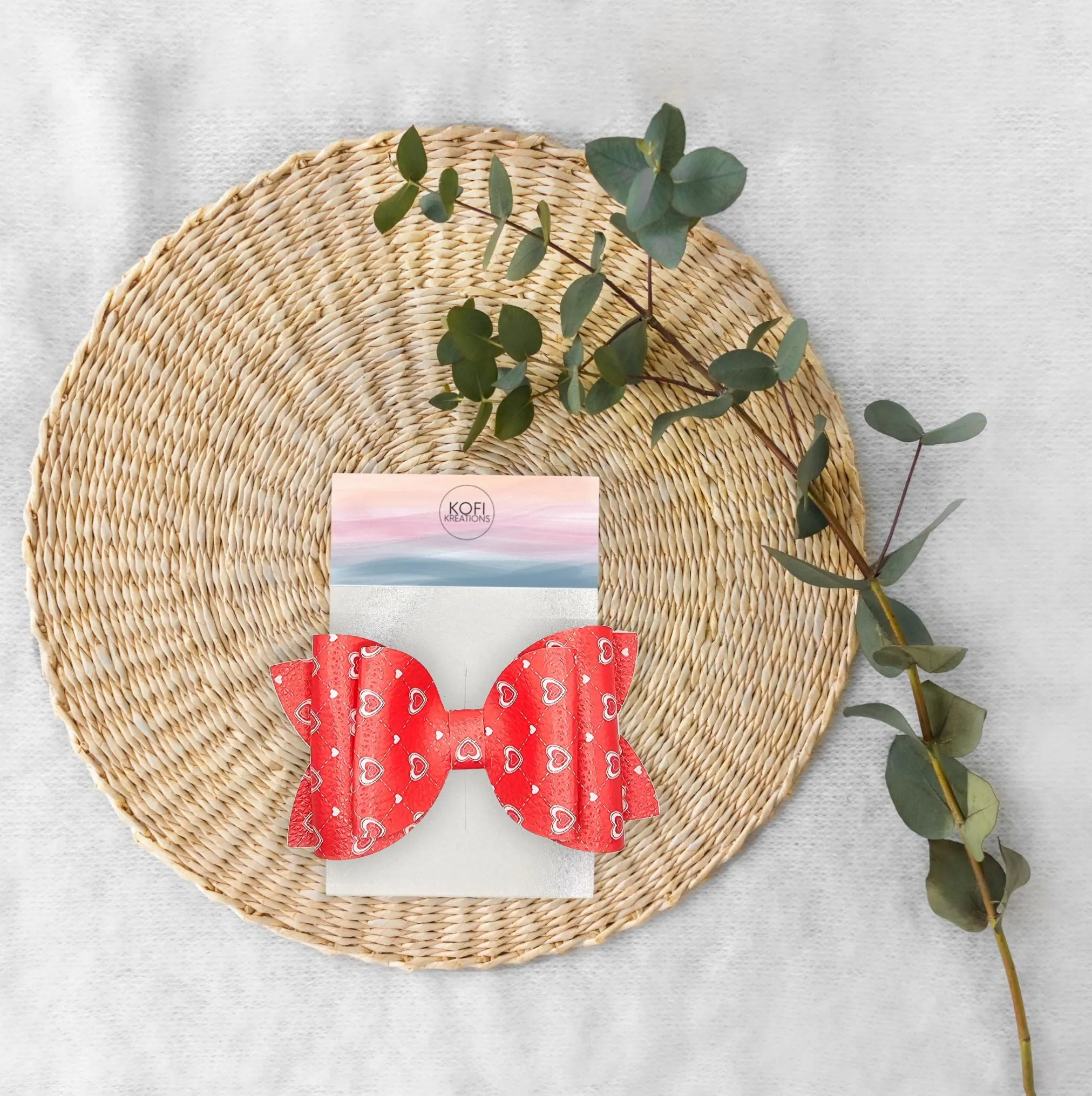 Josie - Red & Silver Heart Faux Leather Hair Bow