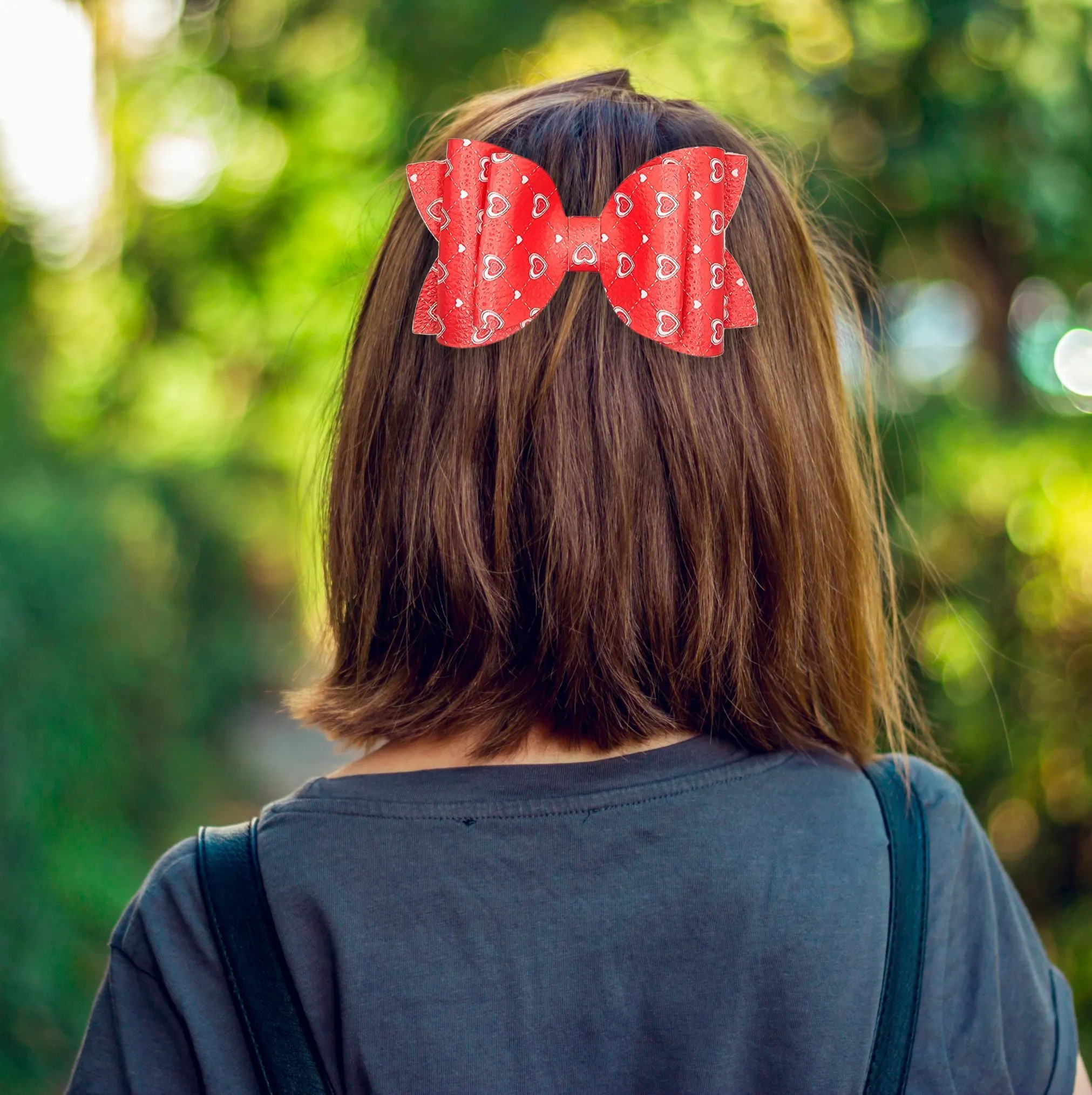 Josie - Red & Silver Heart Faux Leather Hair Bow