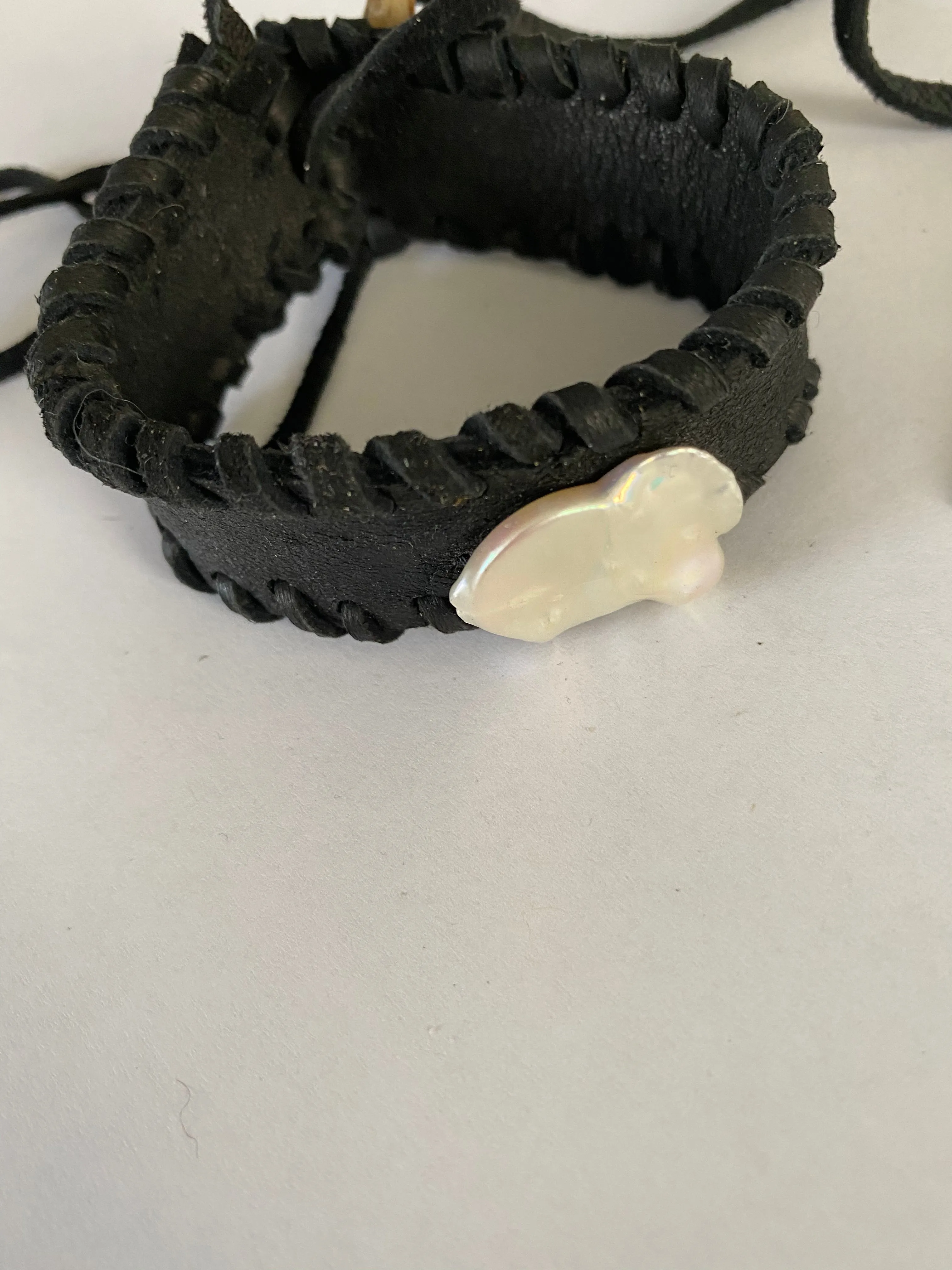 Kesha Pearl and antler leather cuff
