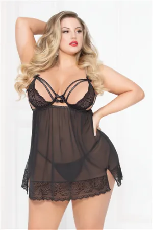 Lace Strappy & Mesh Babydoll - Black - 1x2x