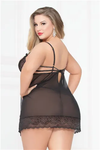 Lace Strappy & Mesh Babydoll - Black - 1x2x