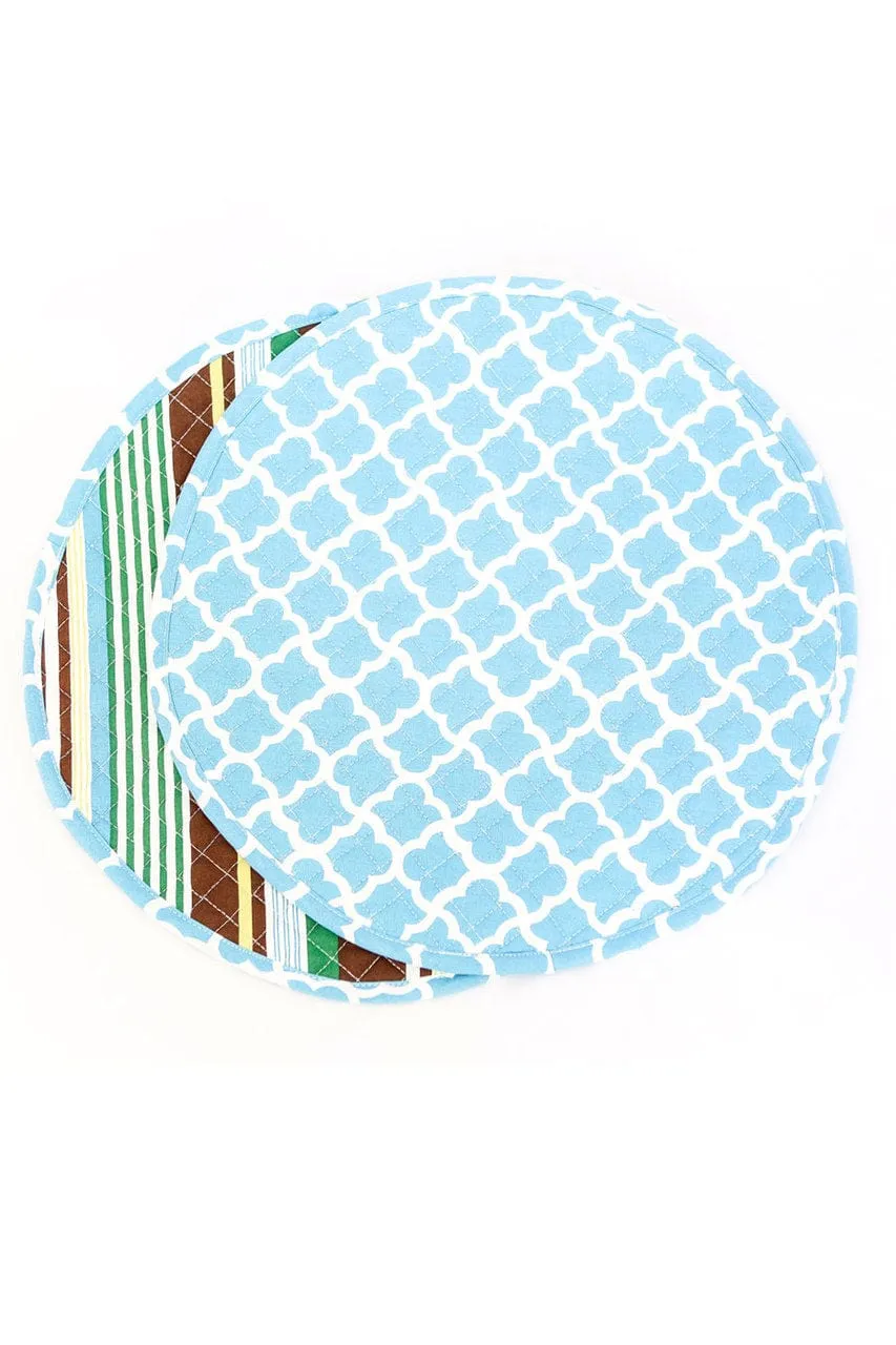 latticework ocean blue reversible bold striped chocolate printed round quilted cloth placemats