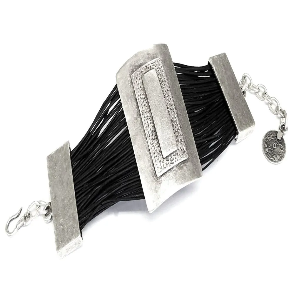 Leather & Pewter Rectangular Disc Bracelet