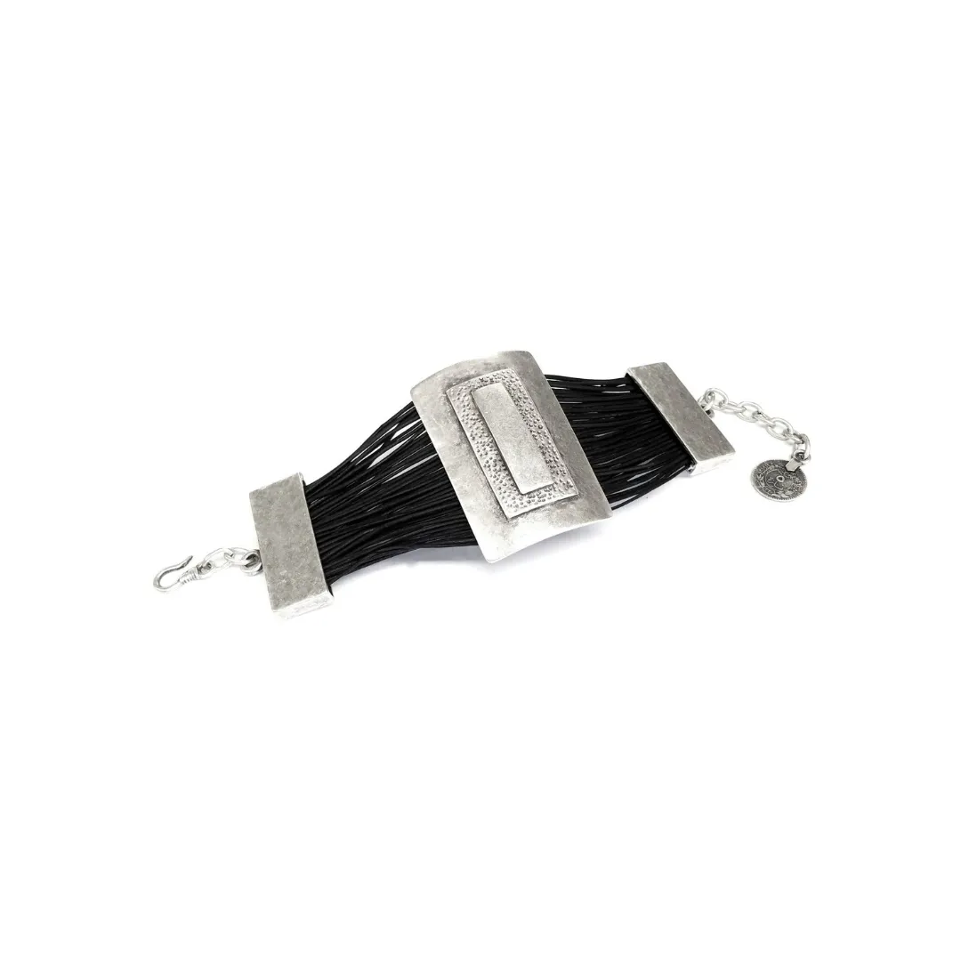 Leather & Pewter Rectangular Disc Bracelet