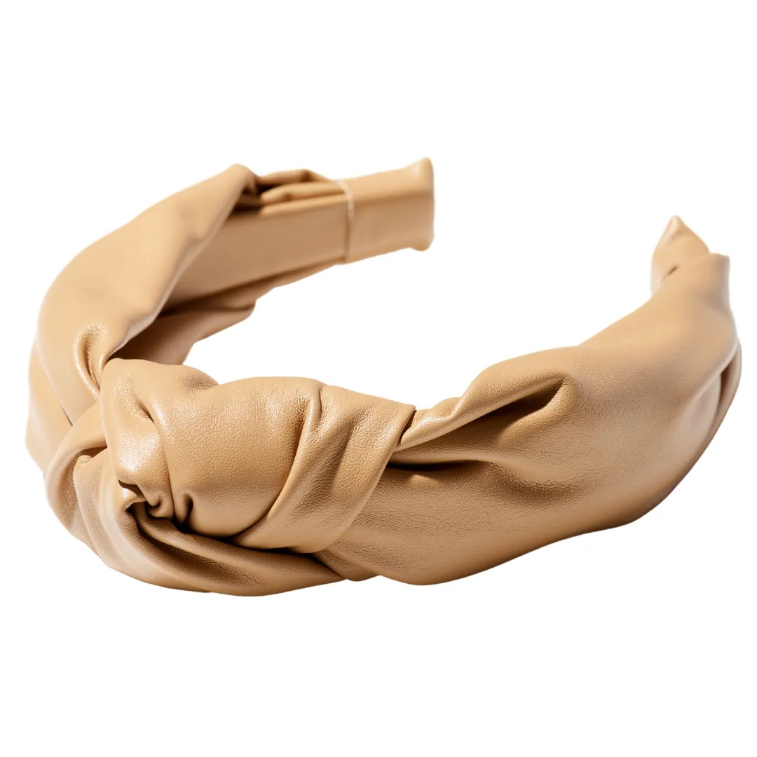 London Collection Vegan Leather Knotted Headband - Camel