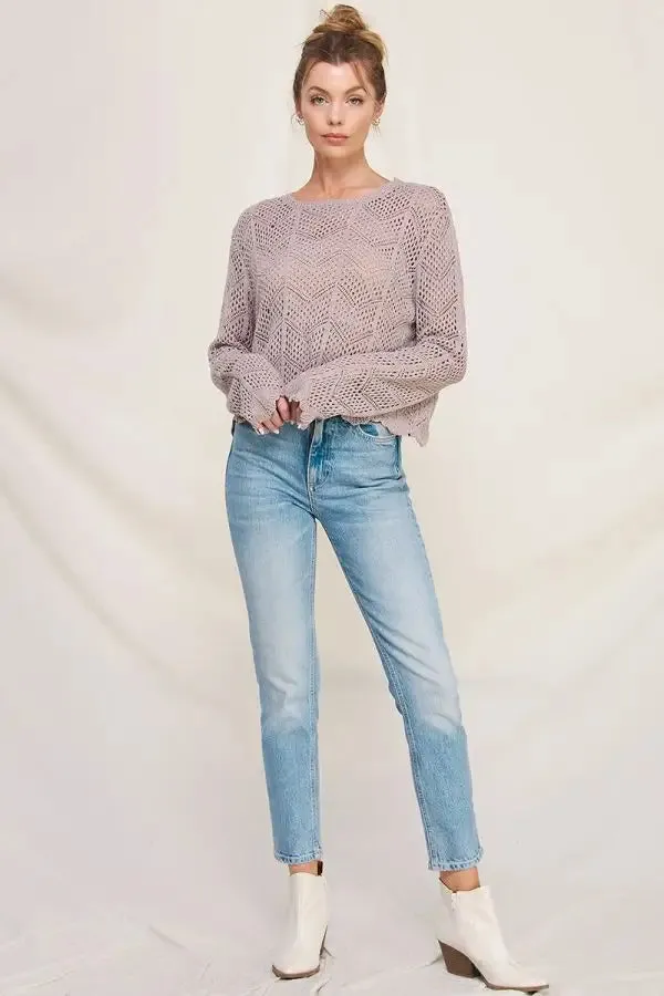 LONG SLEEVE CHEVRON POINTELLE SWEATER