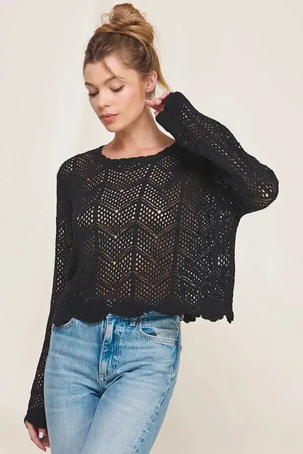 LONG SLEEVE CHEVRON POINTELLE SWEATER