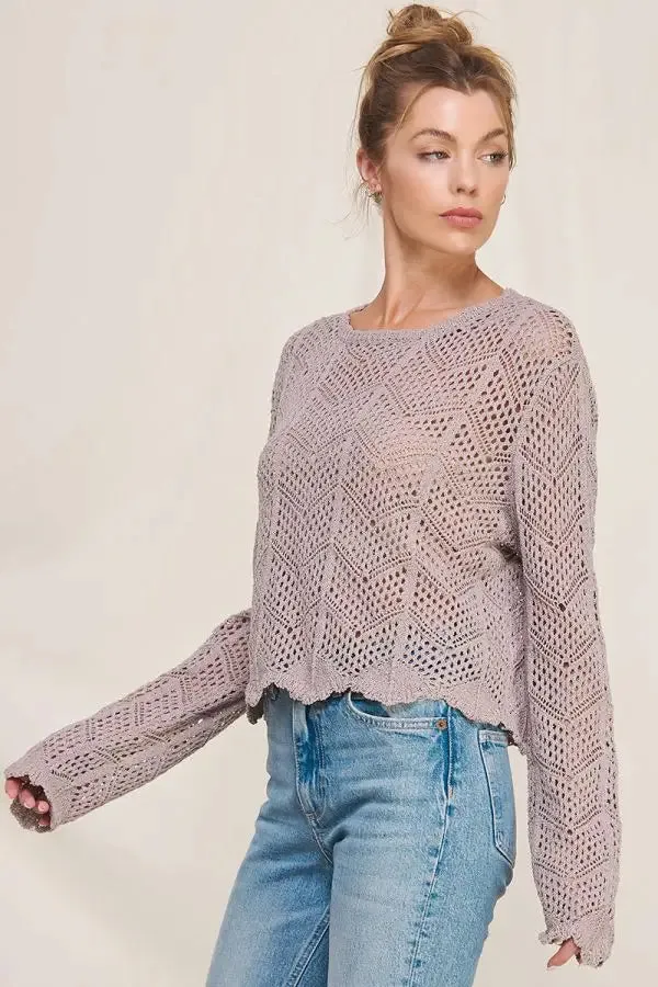 LONG SLEEVE CHEVRON POINTELLE SWEATER
