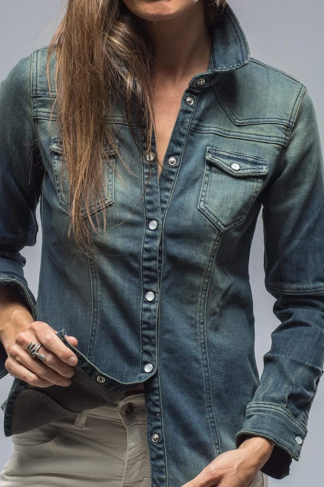 Maddi Western Snap Shirt In Green Over Dye