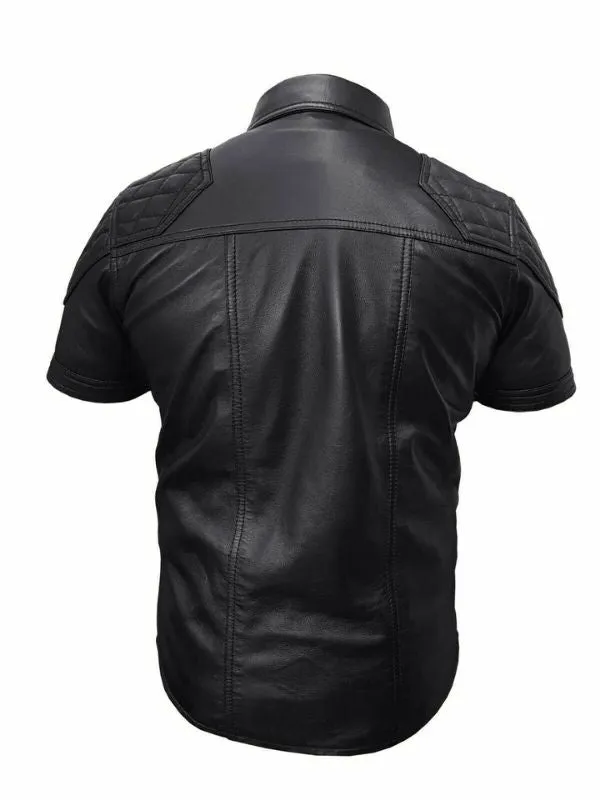 Men's Genuine Leather Quilted Short Sleeve Shirt