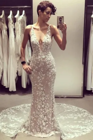 Mermaid V-Neck Backless Court Train Wedding Dress with Lace Appliques TN121