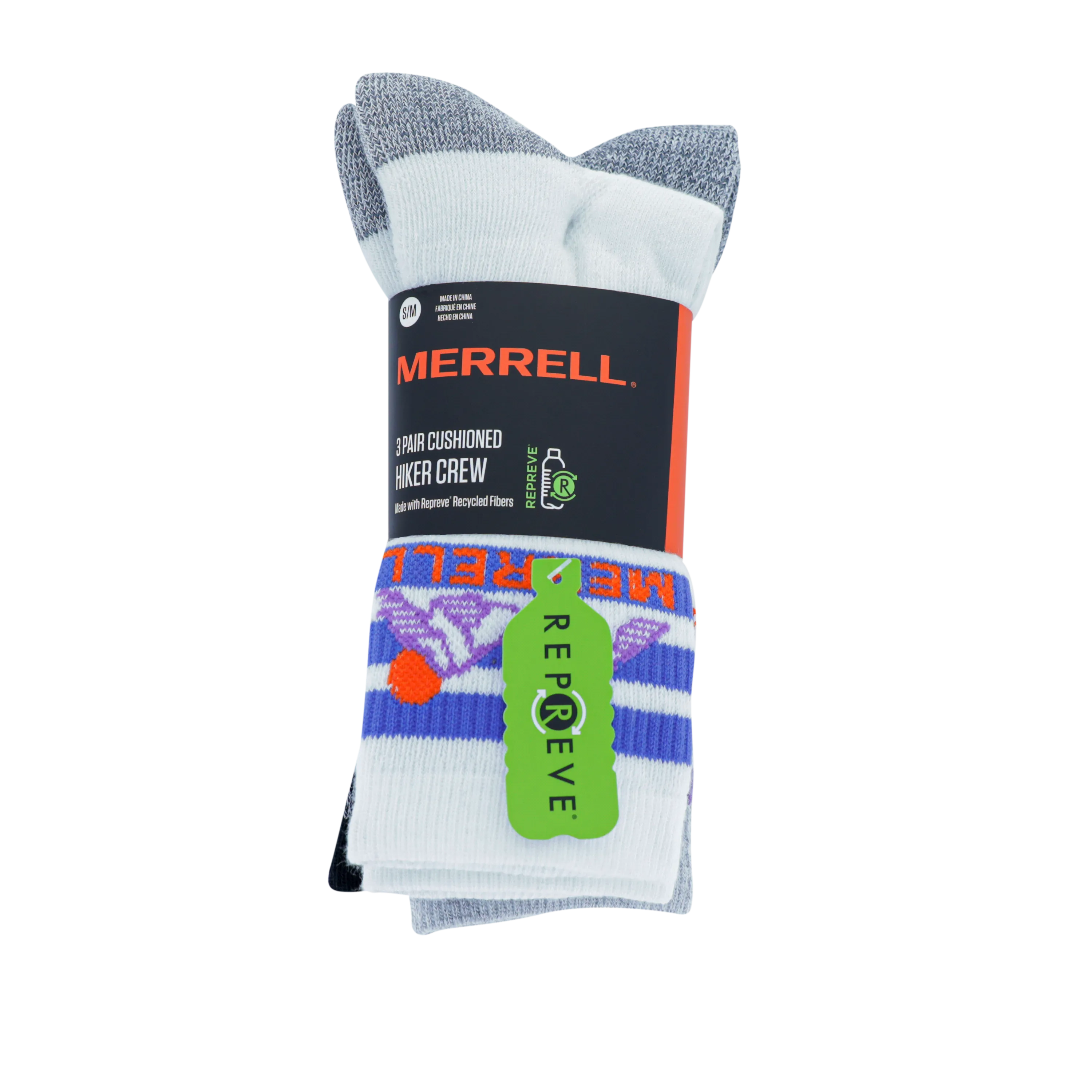 Merrell Durable, Recycled Blend All Around Crew Sock 3 Pair Pack with Blister Protection and Fast Dry Moisture Wicking