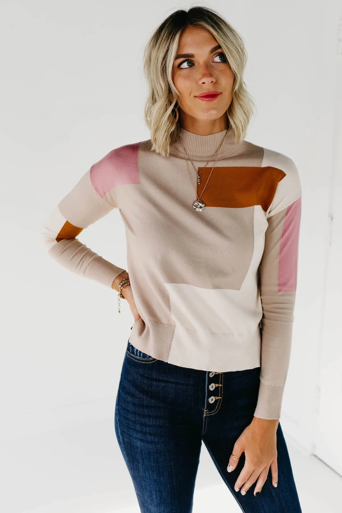 (MOD Exclusive) The Shai Mock Neck Sweater - Camel Multi