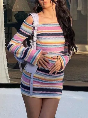 Momnfancy Chic Off Shoulder Colorful Striped Hit Color Bodycon Daily Maternity Babyshower Mini Dress