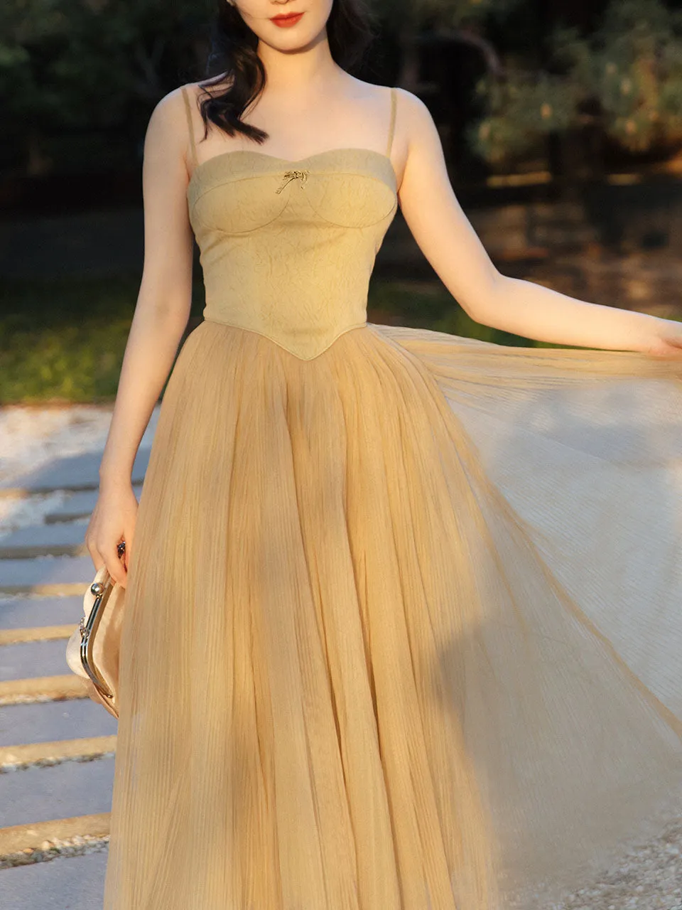 Mustard Green Ballet Lace Strap Vintage Dance Lace Dress