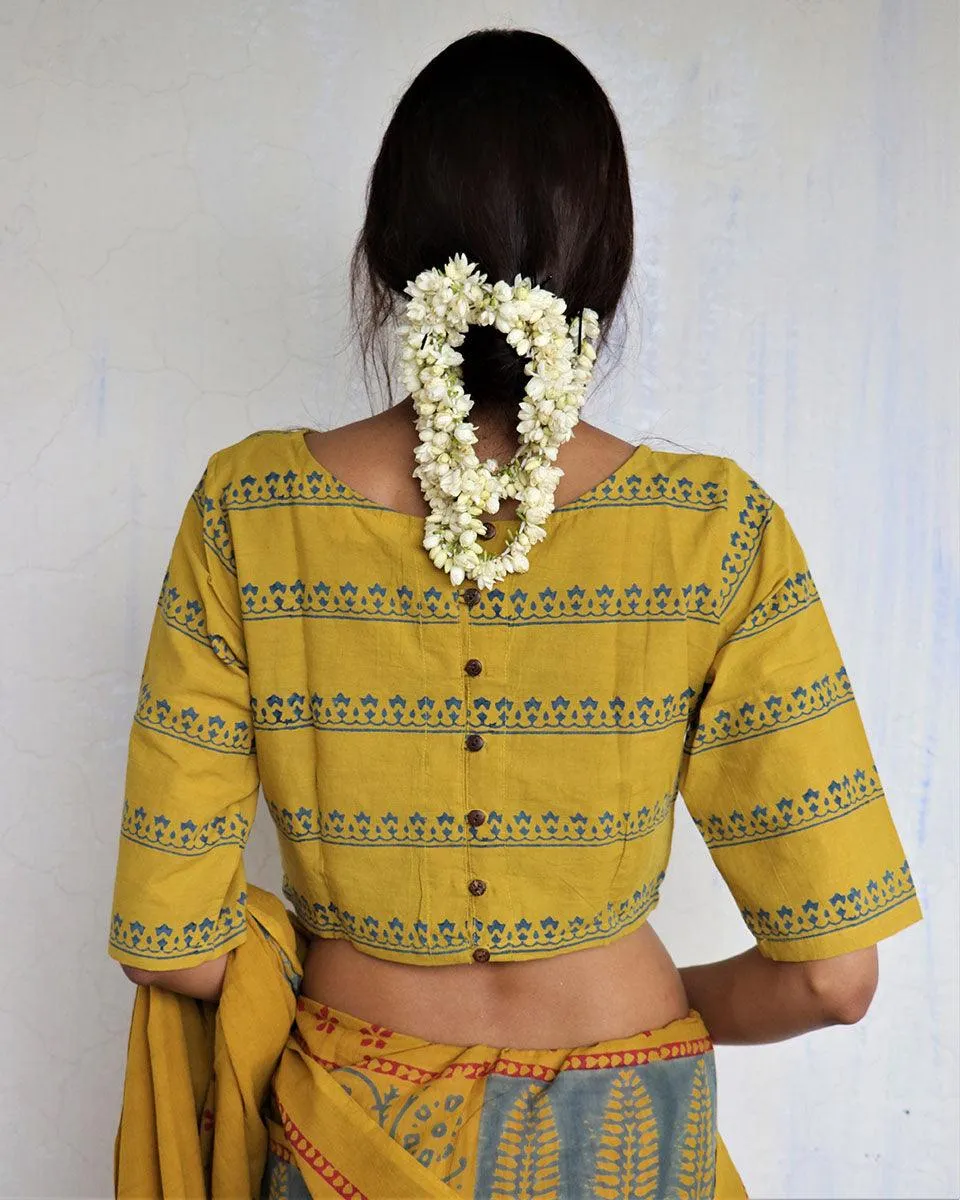 Mustard Handprinted Crop Top Cotton Blouse - God