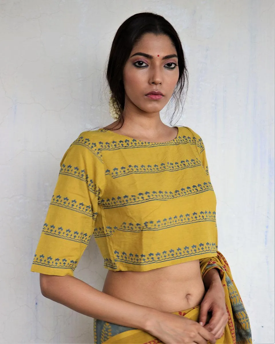 Mustard Handprinted Crop Top Cotton Blouse - God