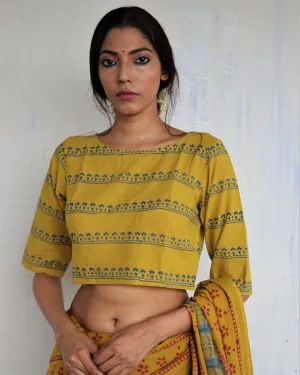 Mustard Handprinted Crop Top Cotton Blouse - God