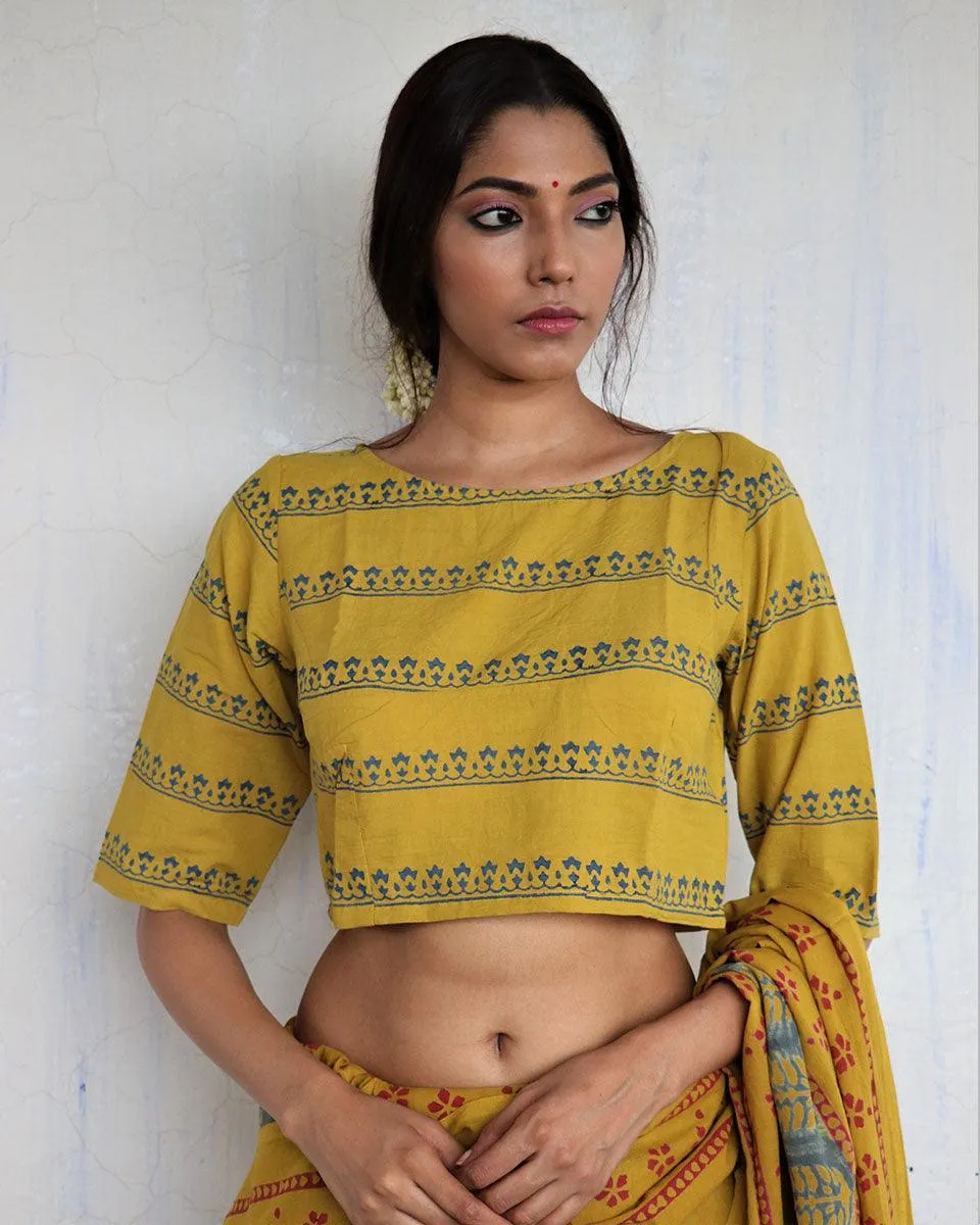 Mustard Handprinted Crop Top Cotton Blouse - God