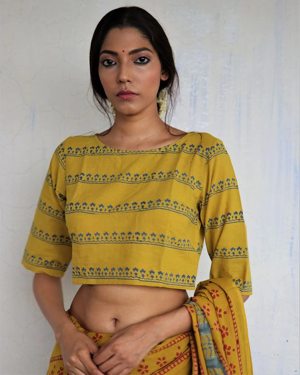 Mustard Handprinted Crop Top Cotton Blouse - God