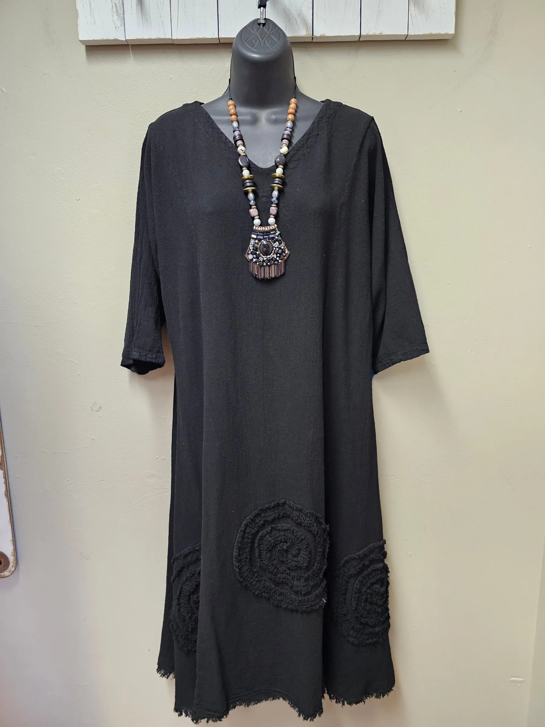 NEW COLORS!  8 Color Ways - 3/4 Sleeved Midi Dress with "Swirls " & Raw Edge