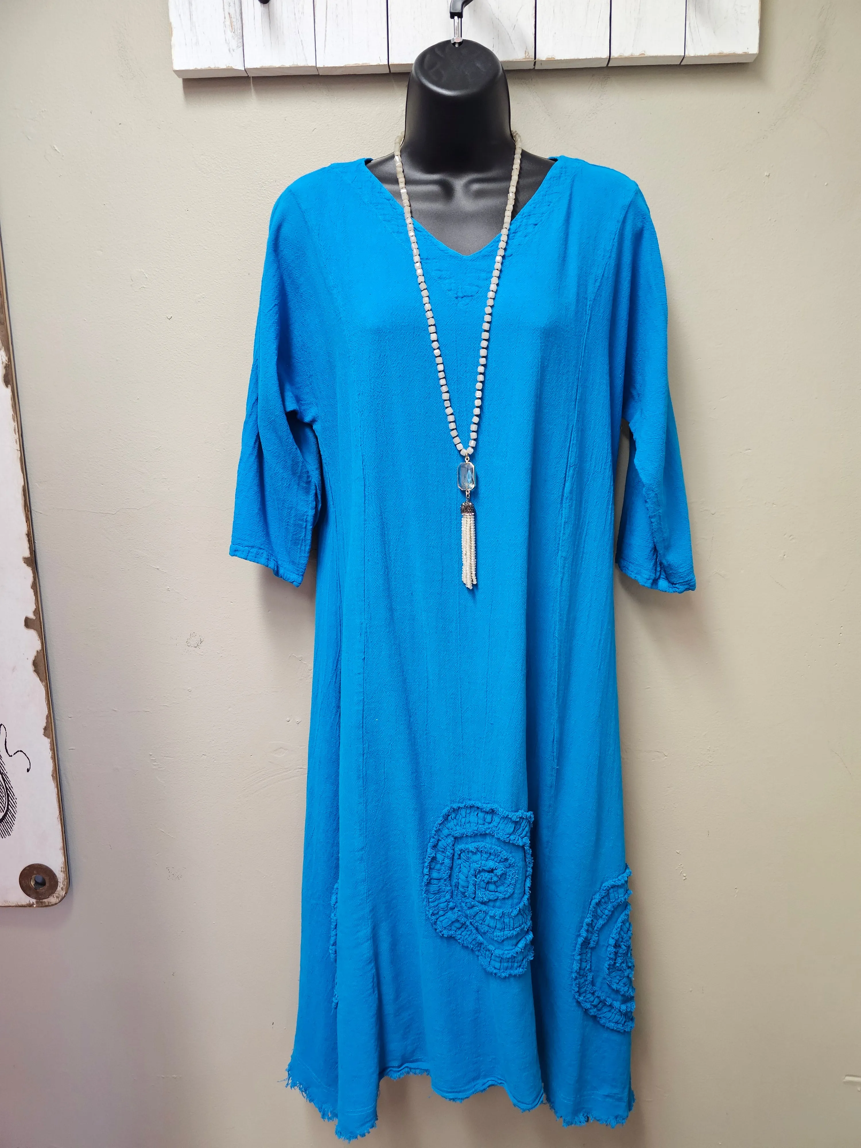 NEW COLORS!  8 Color Ways - 3/4 Sleeved Midi Dress with "Swirls " & Raw Edge