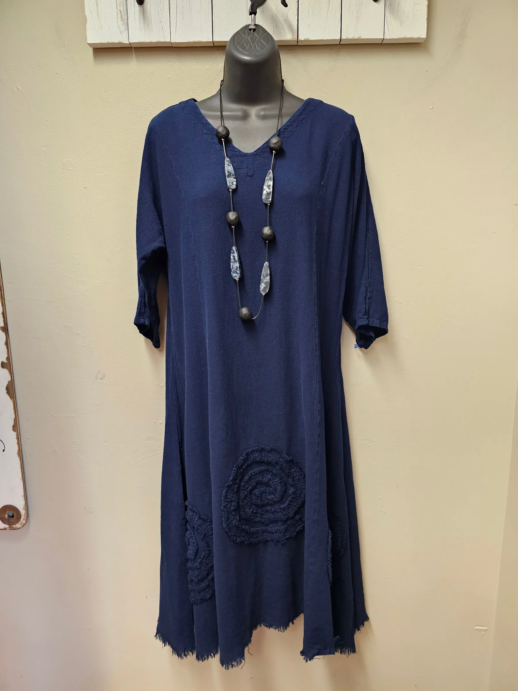 NEW COLORS!  8 Color Ways - 3/4 Sleeved Midi Dress with "Swirls " & Raw Edge