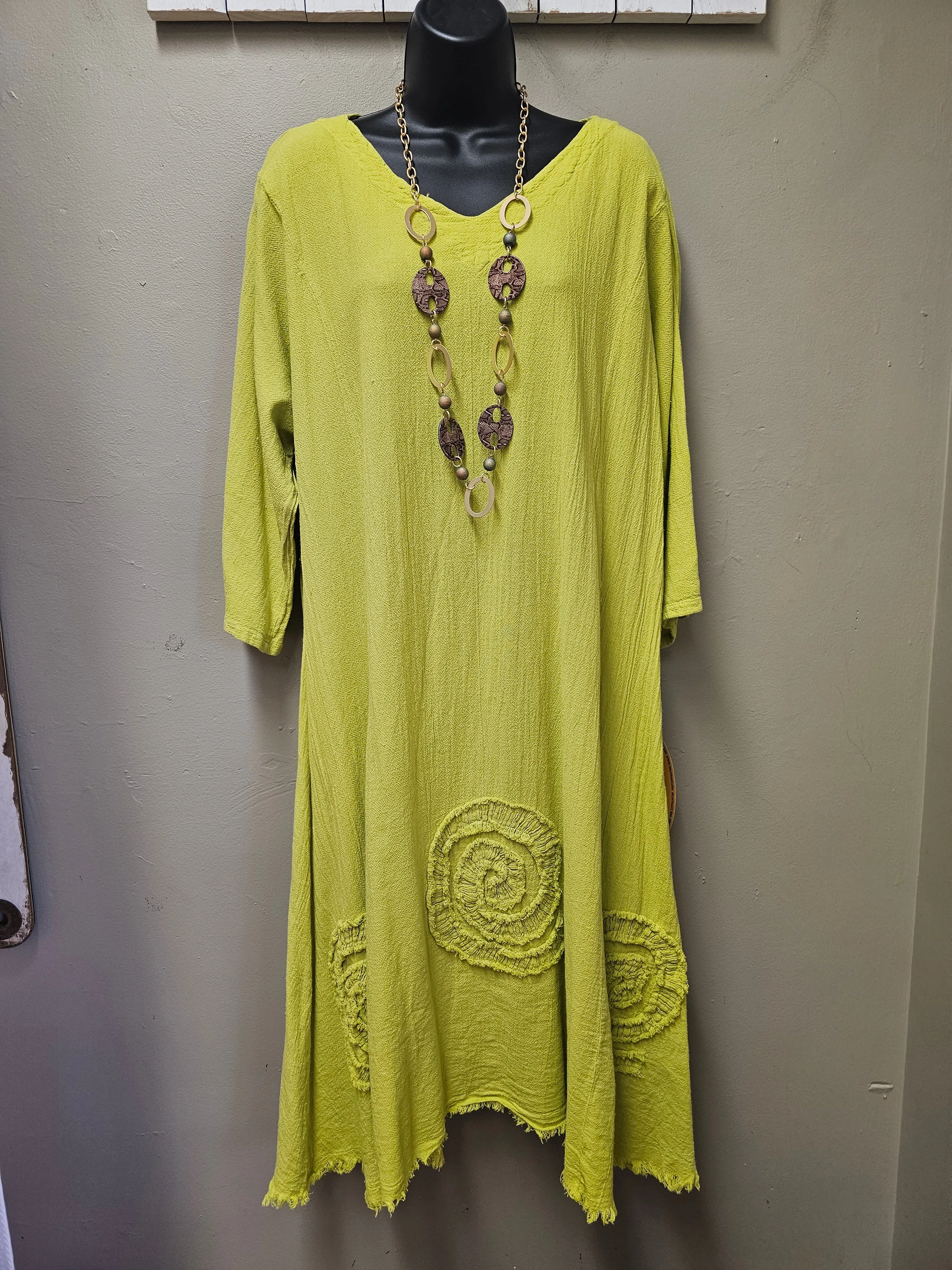 NEW COLORS!  8 Color Ways - 3/4 Sleeved Midi Dress with "Swirls " & Raw Edge
