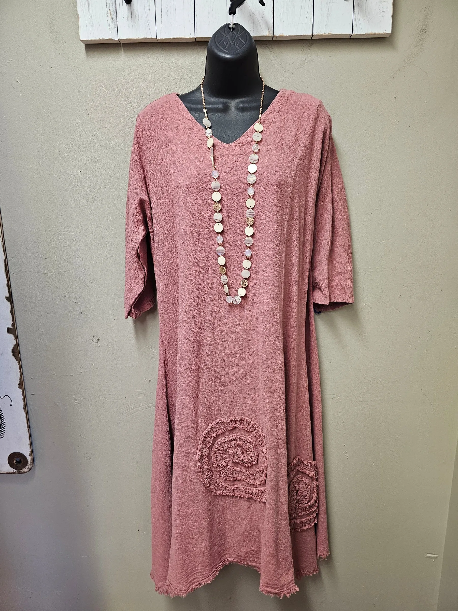 NEW COLORS!  8 Color Ways - 3/4 Sleeved Midi Dress with "Swirls " & Raw Edge