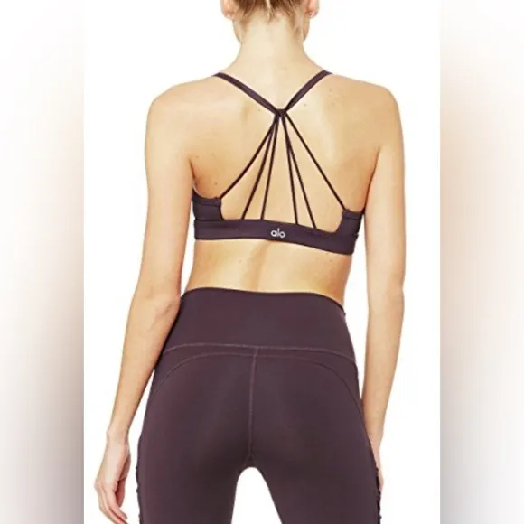 NWOT Alo Yoga Sunny Strappy Bra Eggplant Glossy Size S