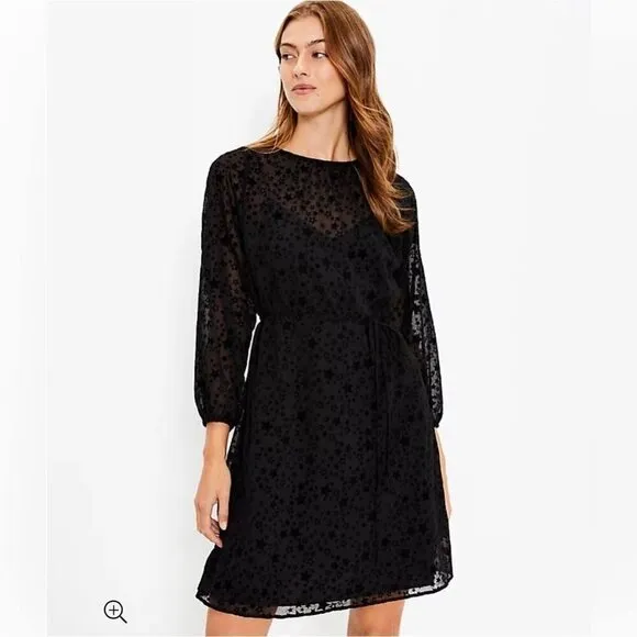 NWT LOFT Long Sleeve Star Tie Waist Black Dress M