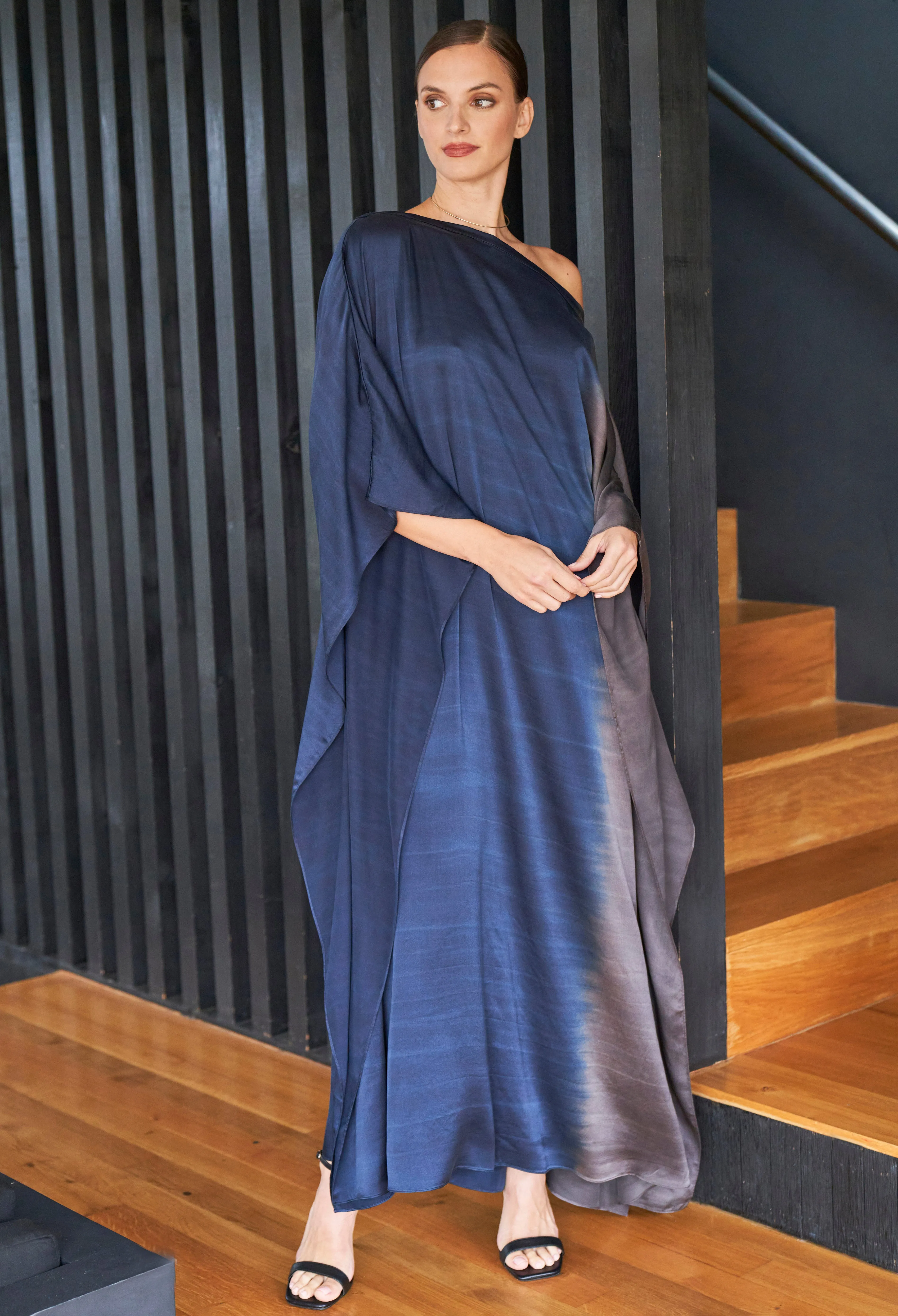 Ombre Navy and Silver Boatneck Silk Caftan