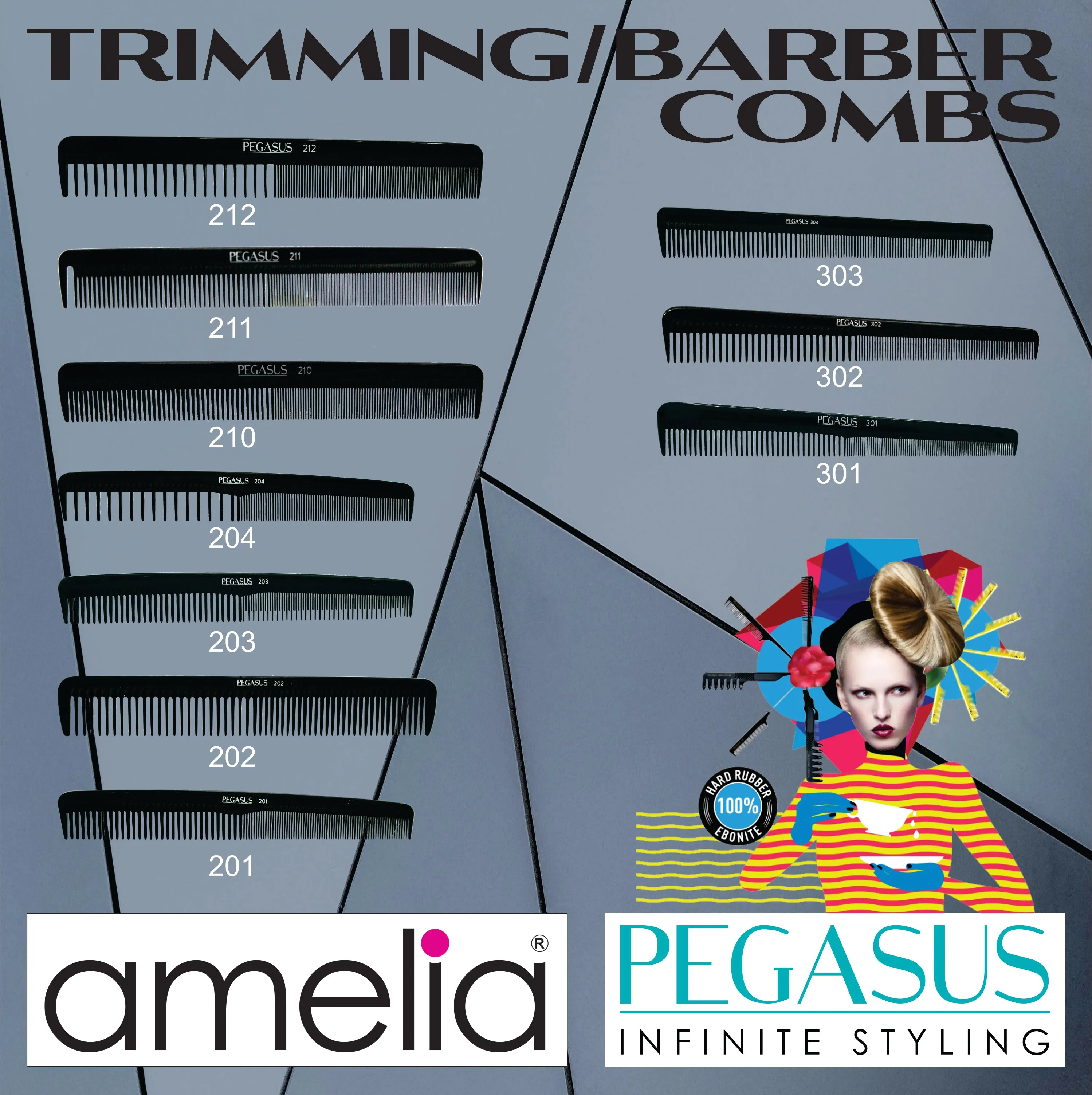 Pegasus 210, 8in Hard Rubber  Cutting Comb, Handmade, Seamless, Smooth Edges, Anti Static, Heat and Chemically Resistant, Wet Hair, Everyday Grooming Comb | Peines de goma dura - Black