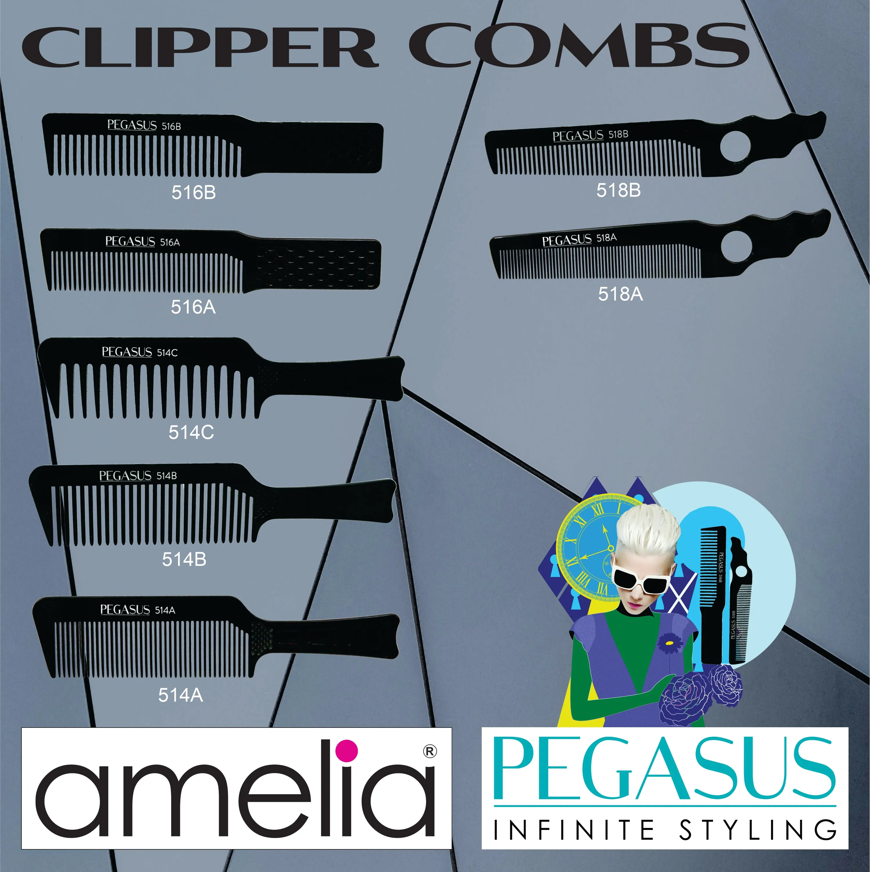 Pegasus 516B, 8in Hard Rubber Course Tooth Klipper Comb, Handmade, Seamless, Smooth Edges, Anti Static, Heat and Chemically Resistant Comb | Peines de goma dura - Black