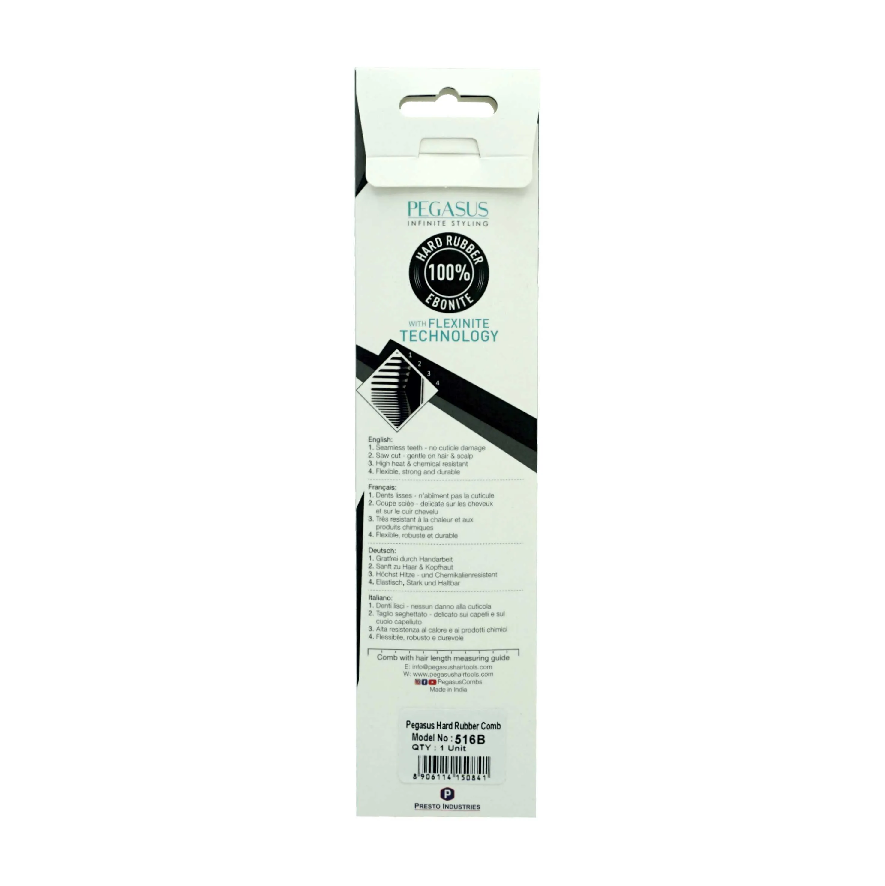 Pegasus 516B, 8in Hard Rubber Course Tooth Klipper Comb, Handmade, Seamless, Smooth Edges, Anti Static, Heat and Chemically Resistant Comb | Peines de goma dura - Black