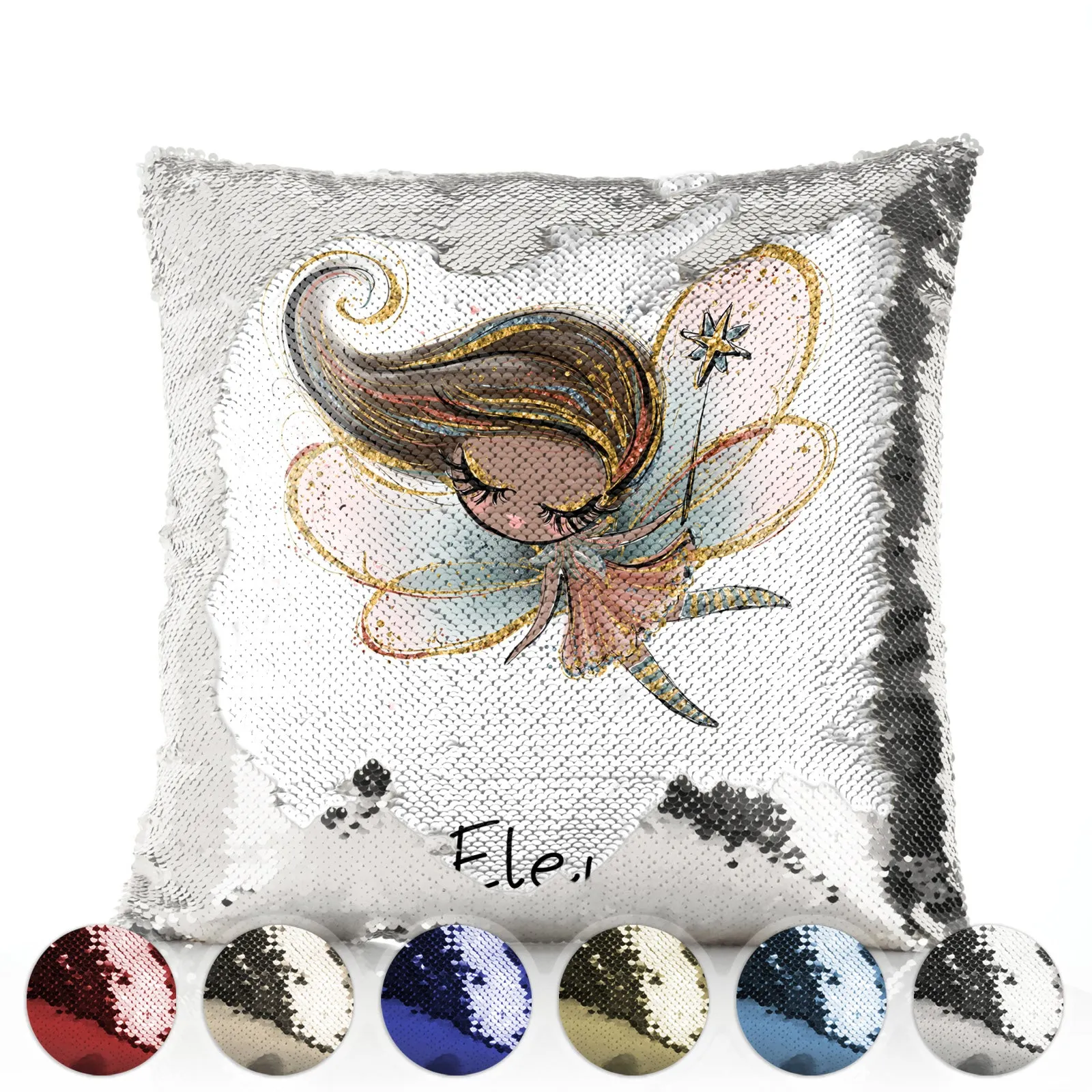 Personalised Sequin Cushion with Cute Text and Butterfly Hill Blue Hair Fairy