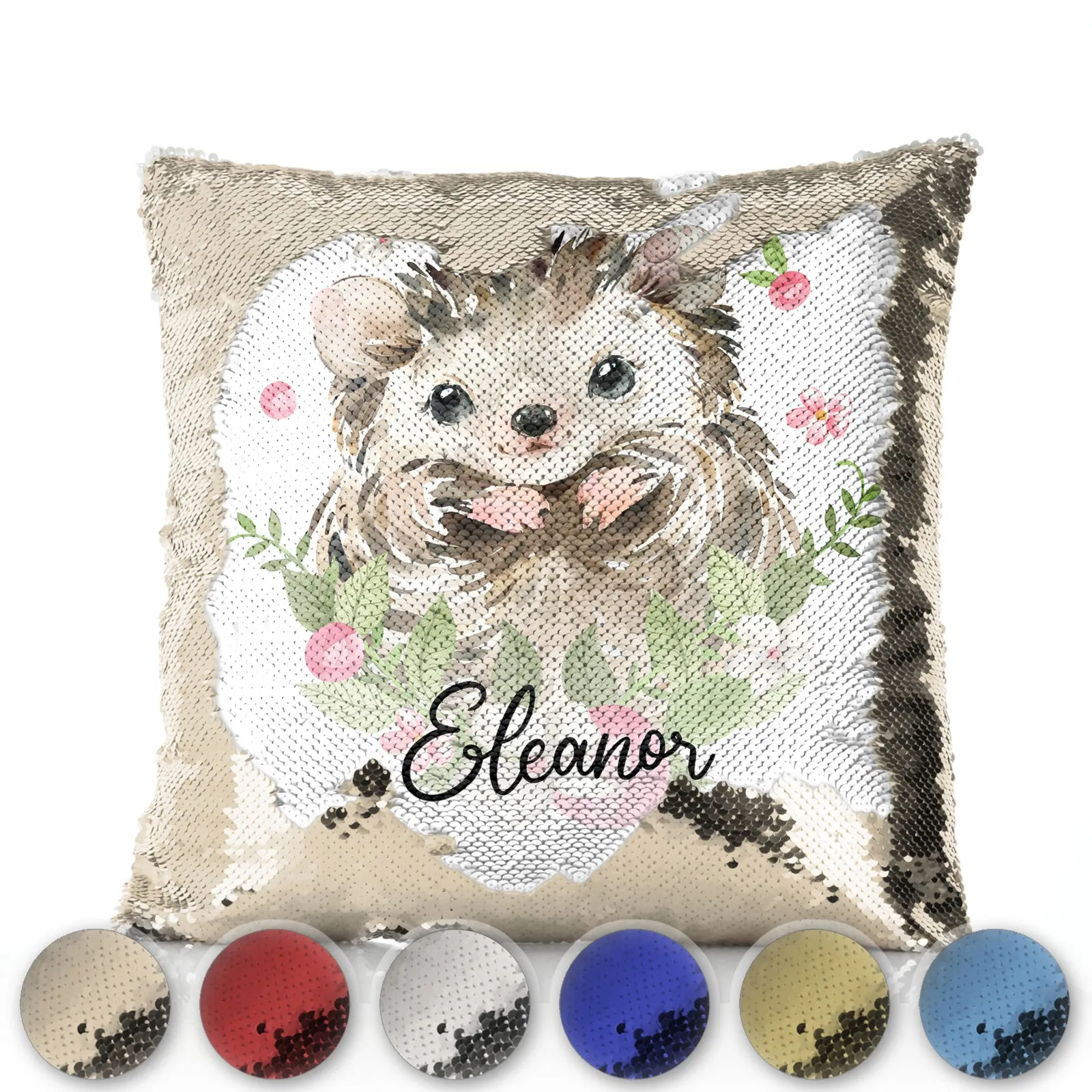 Personalised Sequin Cushion with Hedgehog Pink Flowers and Cute Text