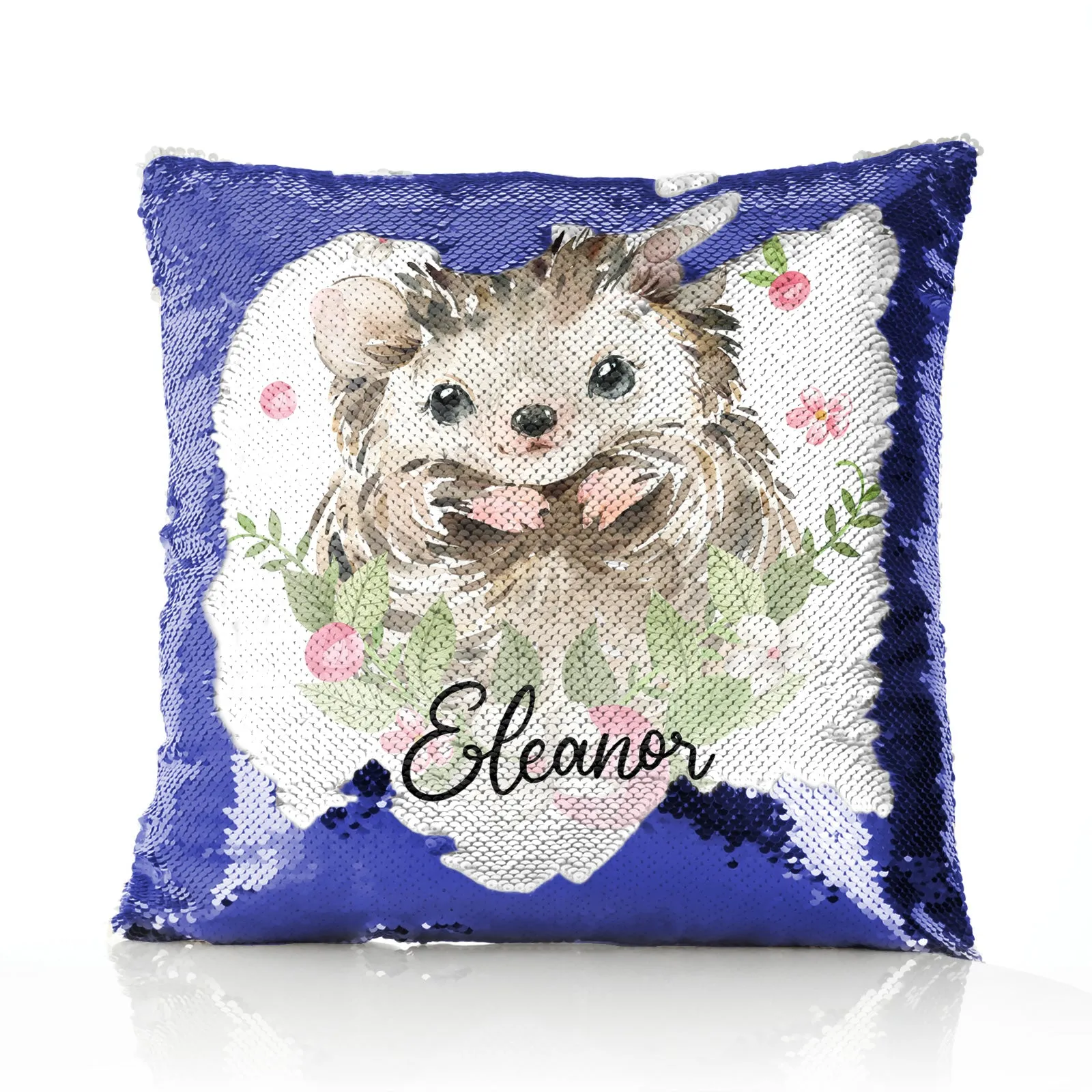 Personalised Sequin Cushion with Hedgehog Pink Flowers and Cute Text