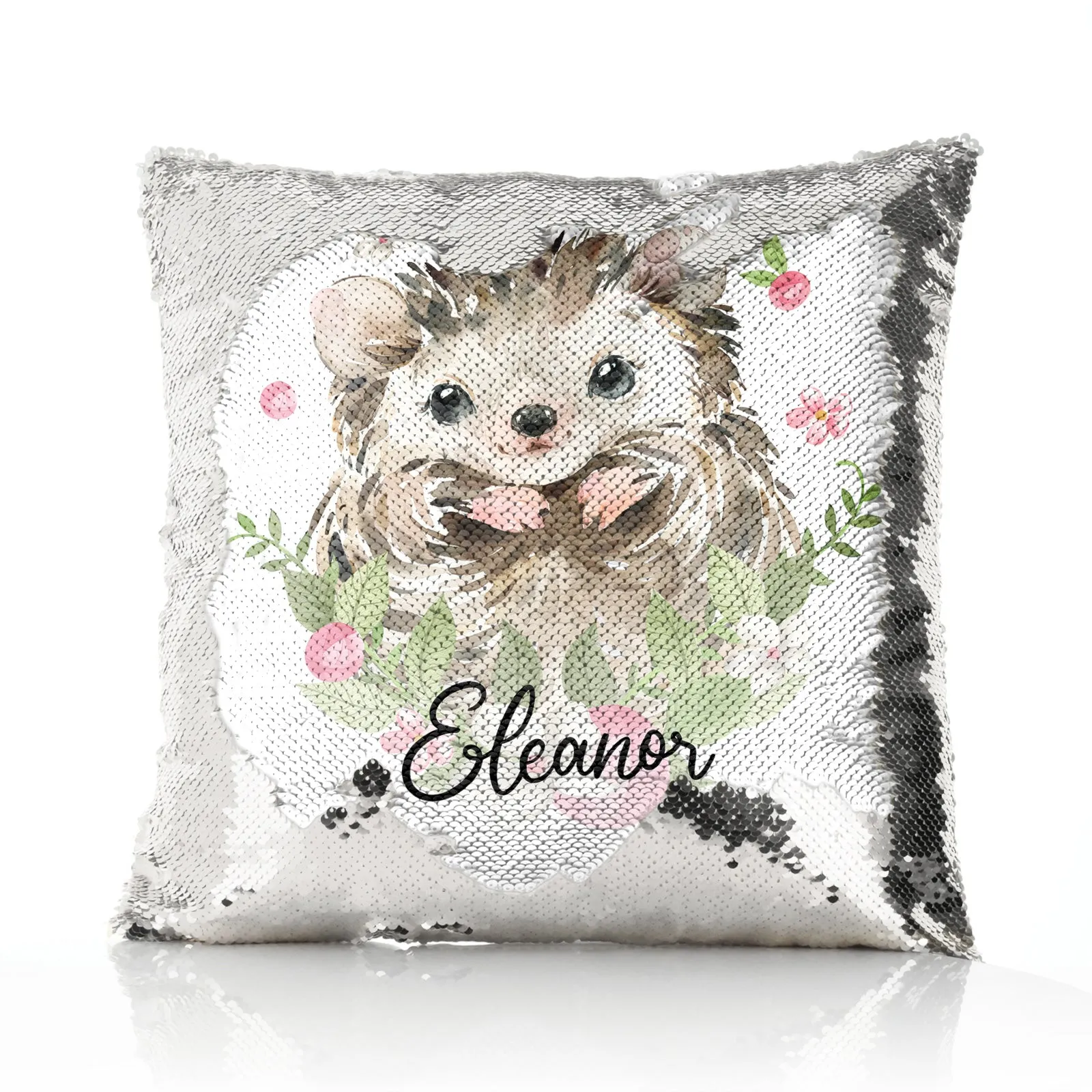 Personalised Sequin Cushion with Hedgehog Pink Flowers and Cute Text