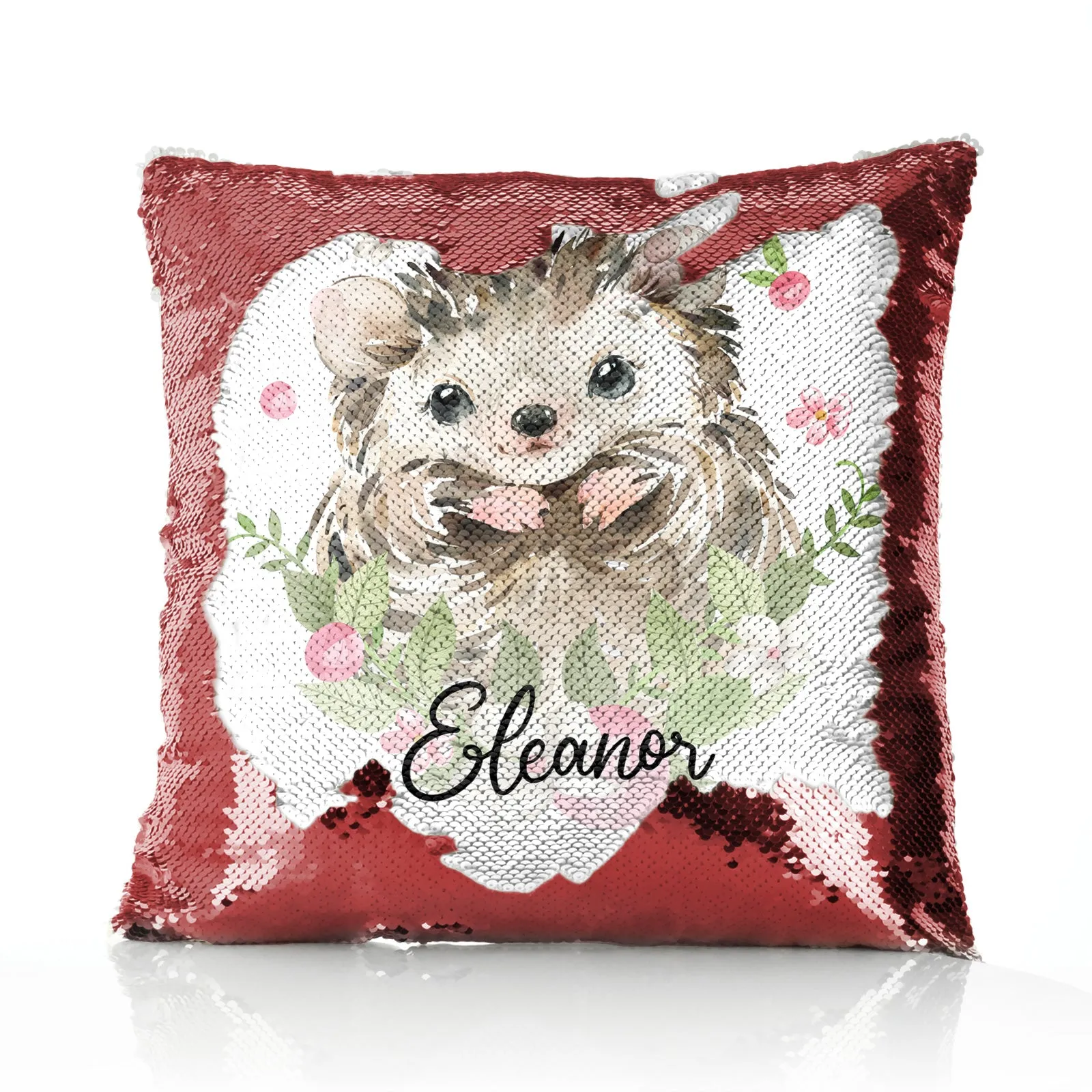 Personalised Sequin Cushion with Hedgehog Pink Flowers and Cute Text