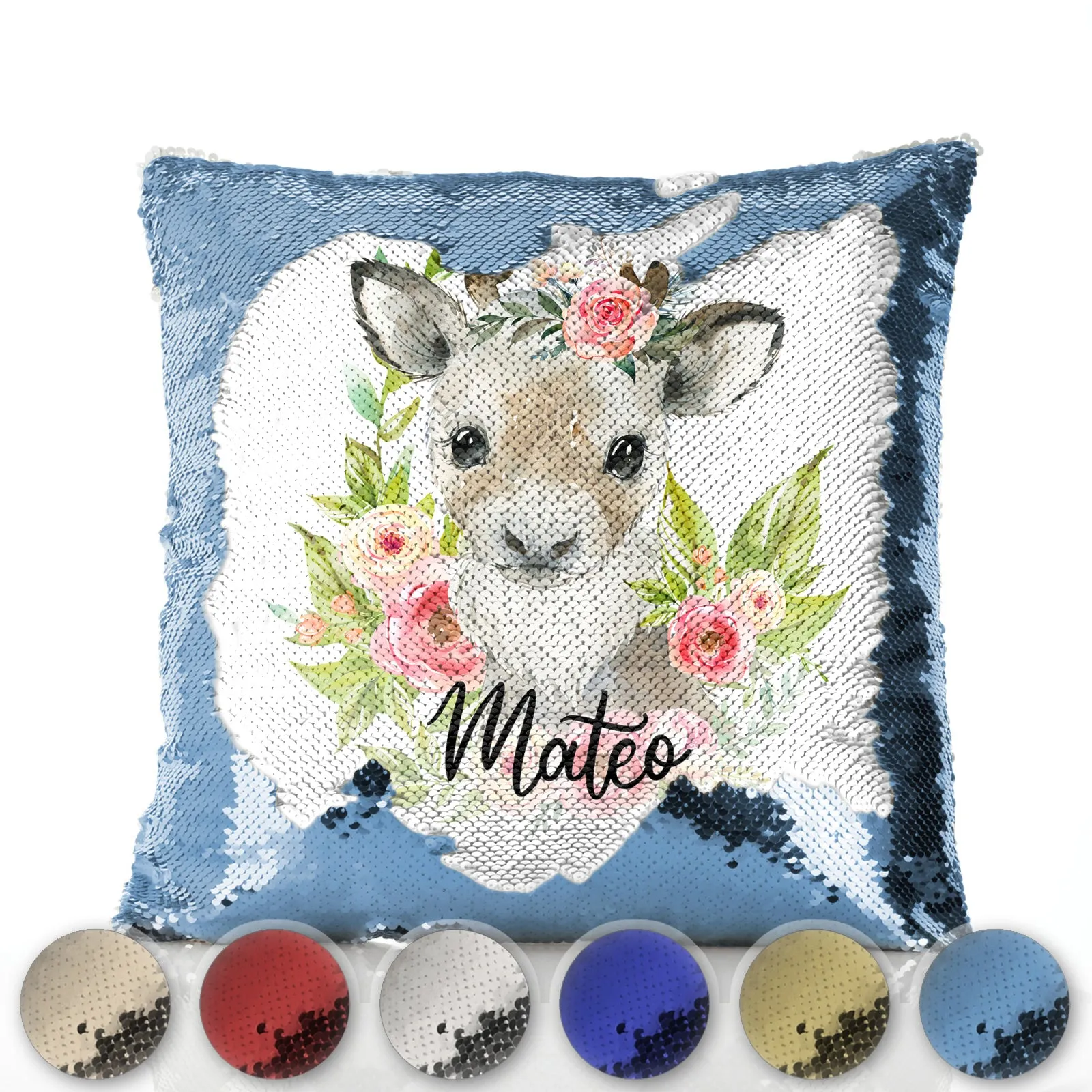 Personalised Sequin Cushion with Reindeer Pink Flowers and Cute Text