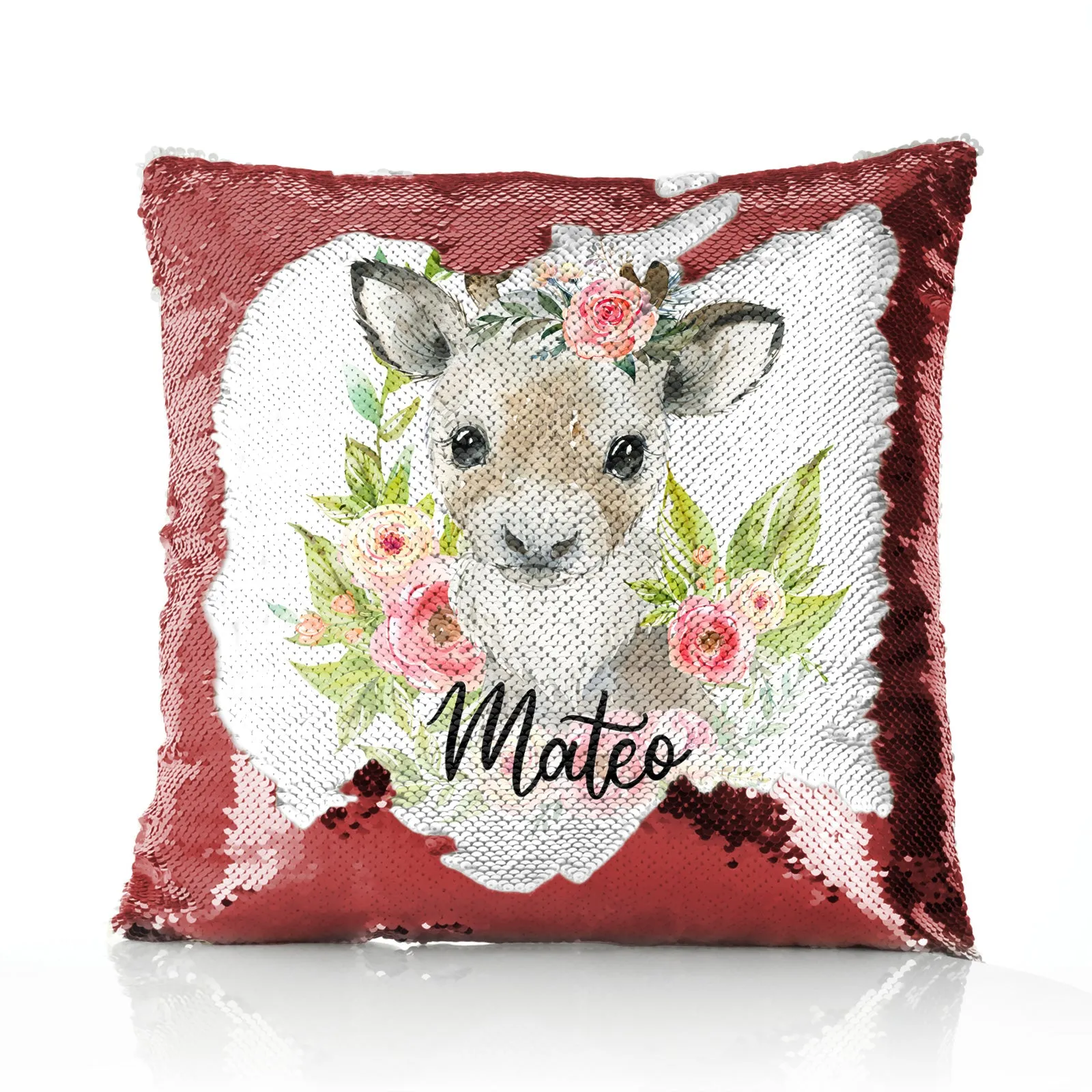Personalised Sequin Cushion with Reindeer Pink Flowers and Cute Text