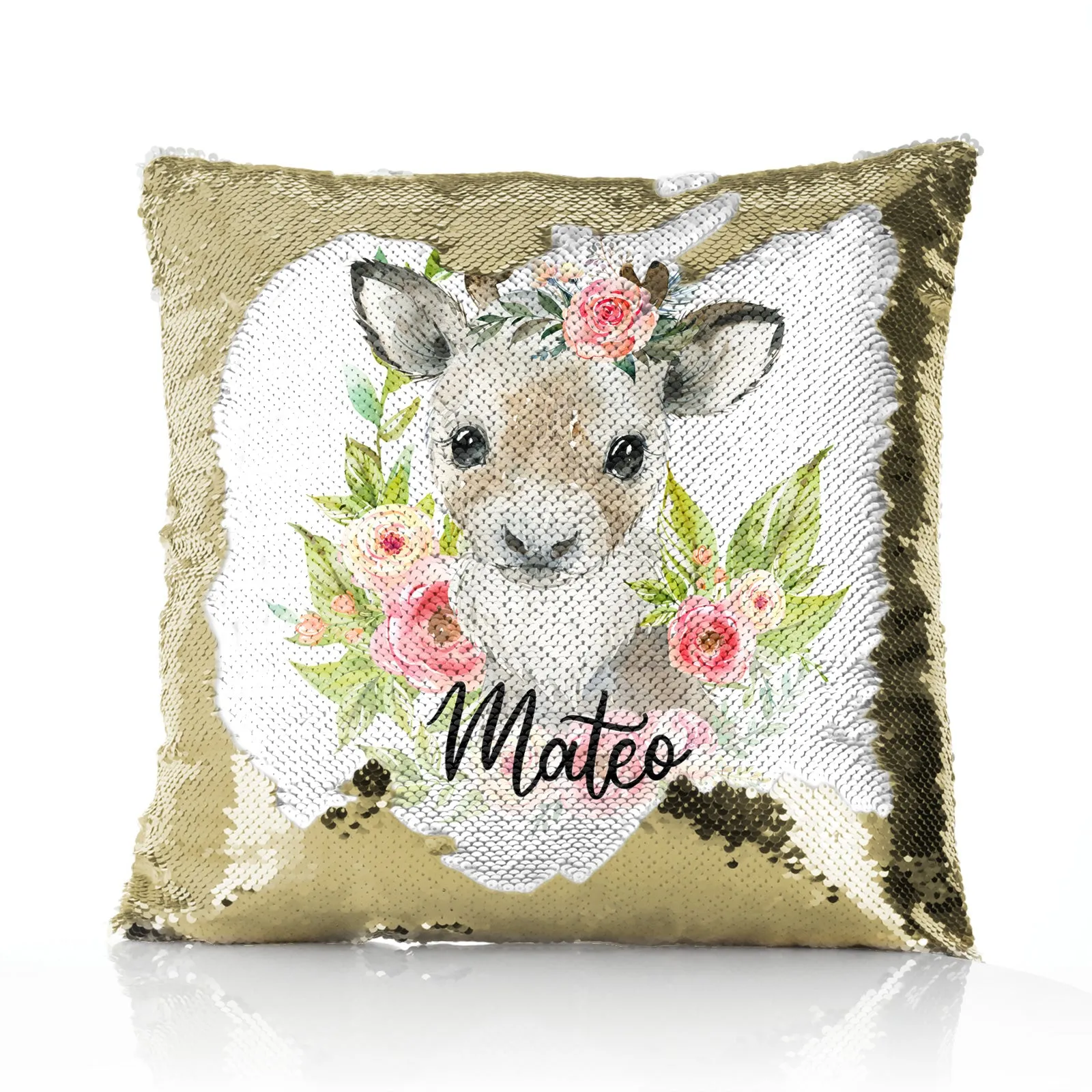 Personalised Sequin Cushion with Reindeer Pink Flowers and Cute Text