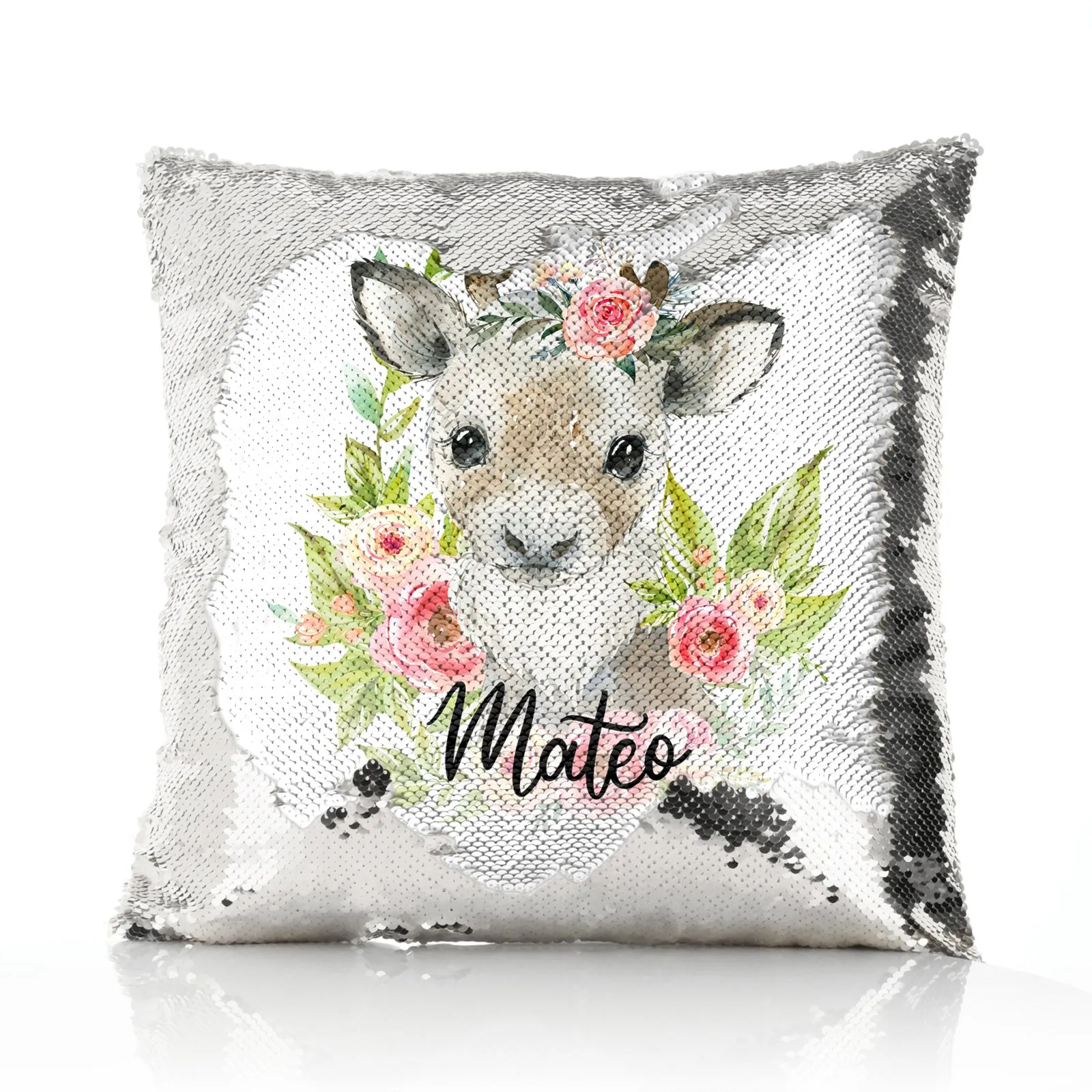 Personalised Sequin Cushion with Reindeer Pink Flowers and Cute Text
