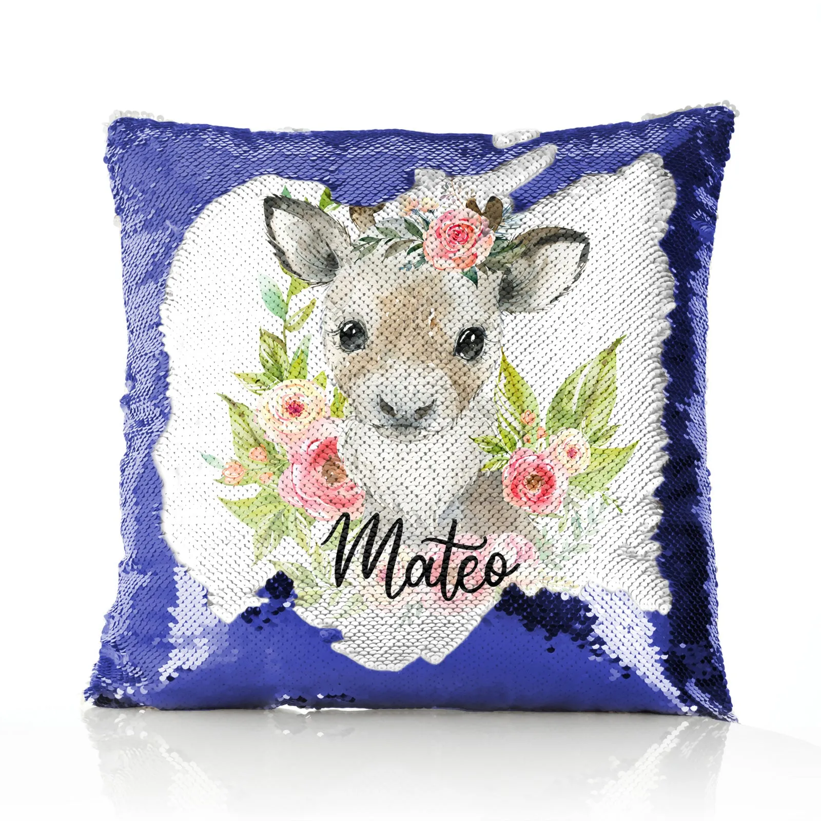 Personalised Sequin Cushion with Reindeer Pink Flowers and Cute Text