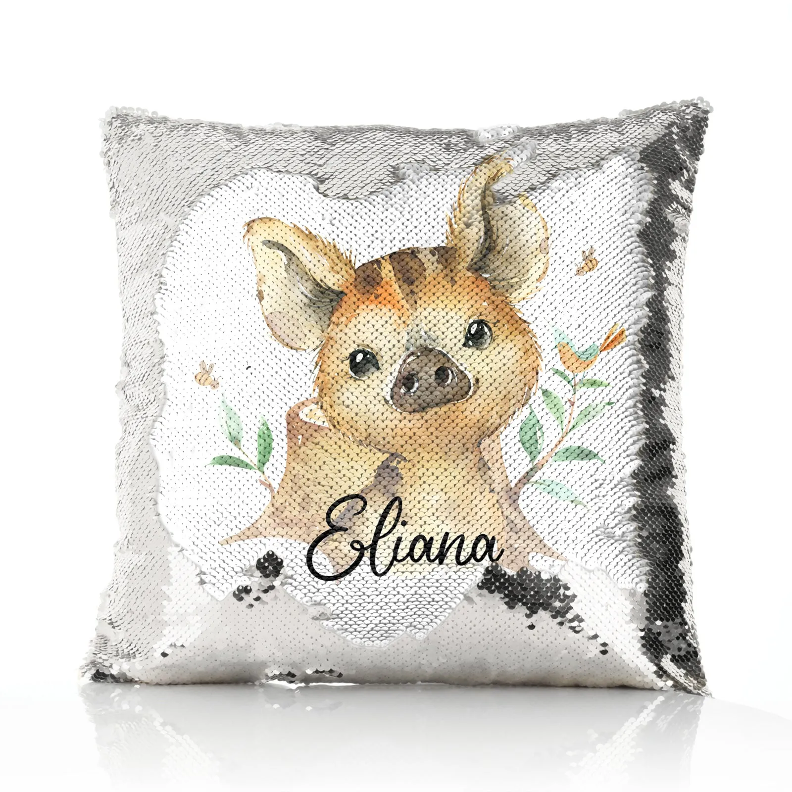 Personalised Sequin Cushion with Wild Boar Piglet with Bird and Bees and Cute Text
