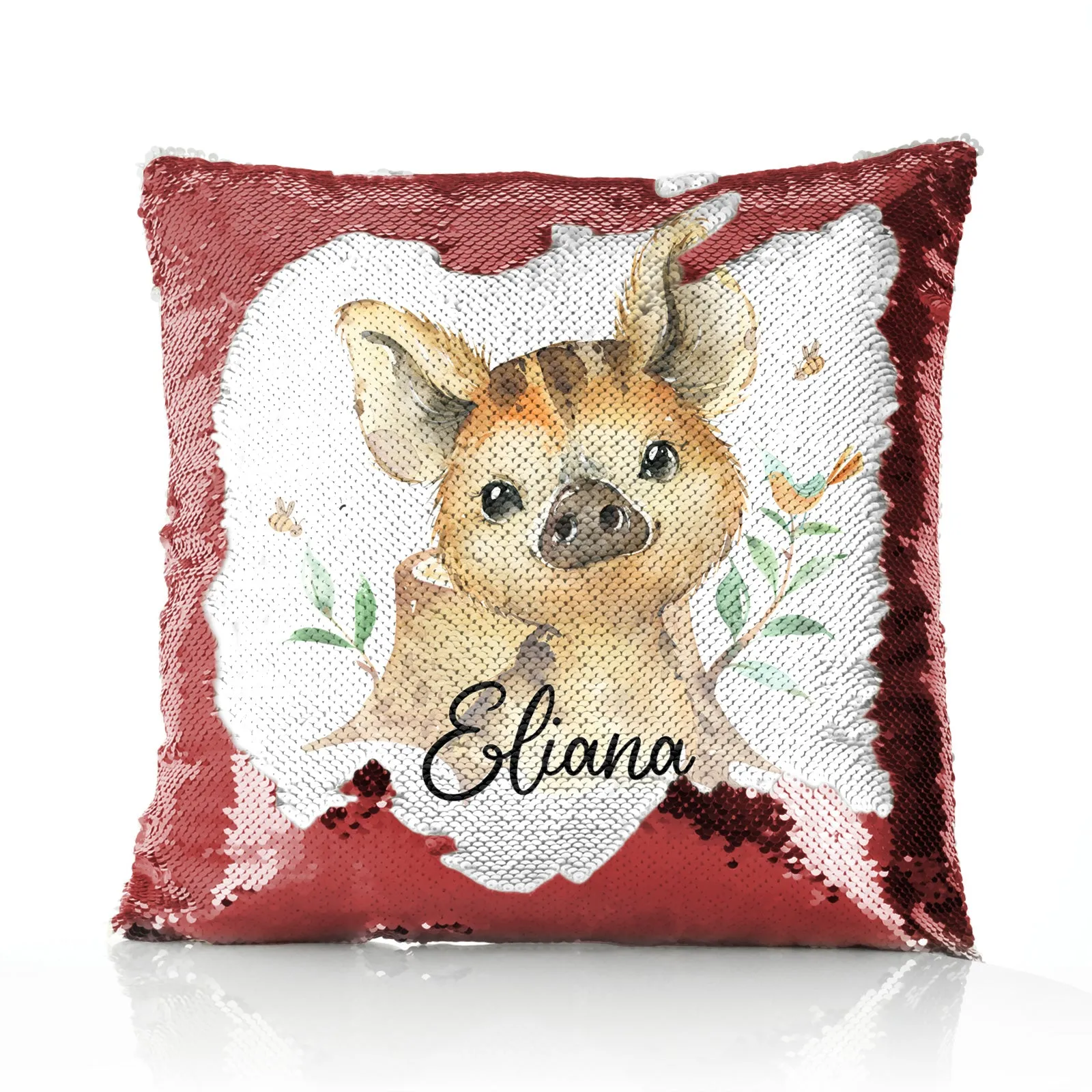 Personalised Sequin Cushion with Wild Boar Piglet with Bird and Bees and Cute Text