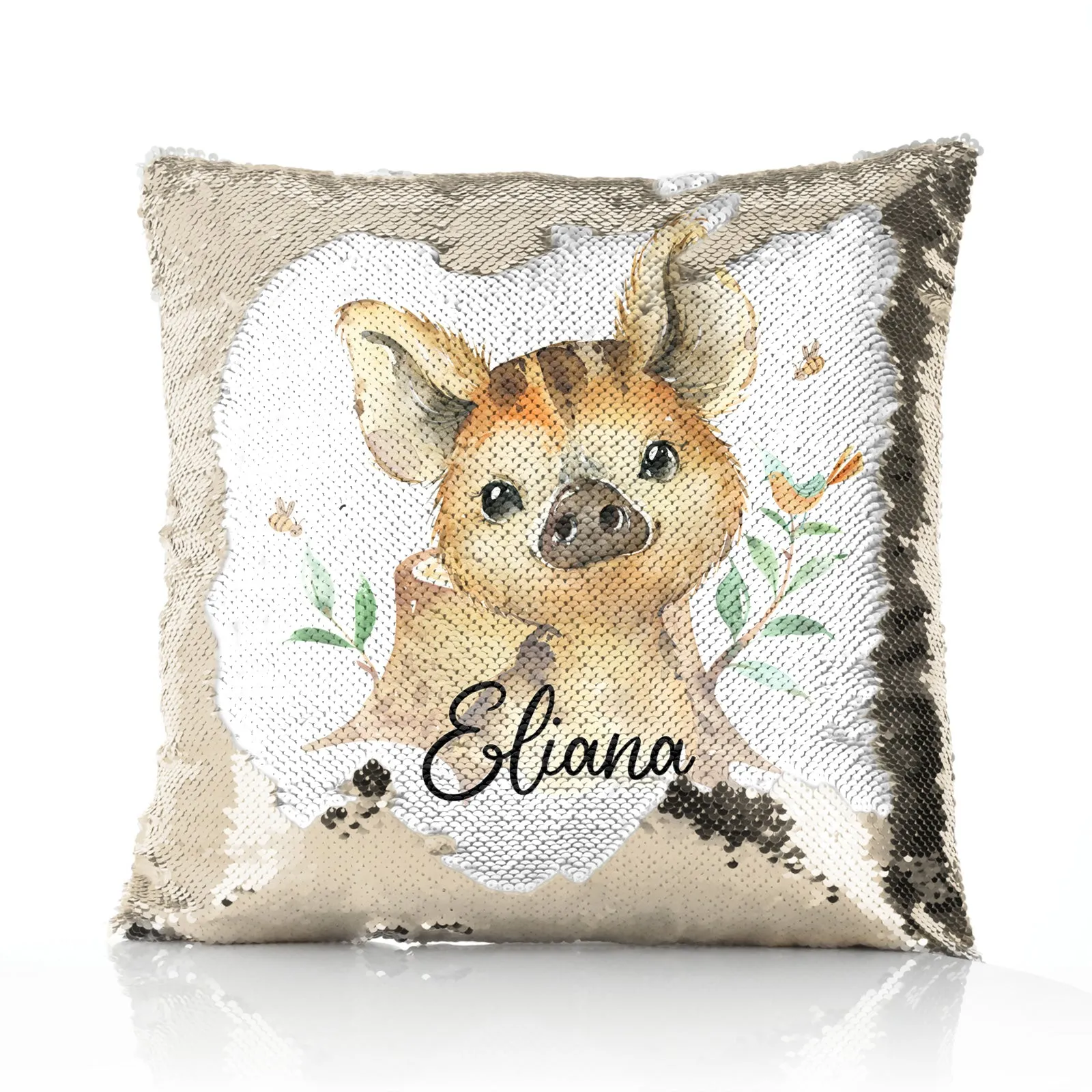 Personalised Sequin Cushion with Wild Boar Piglet with Bird and Bees and Cute Text