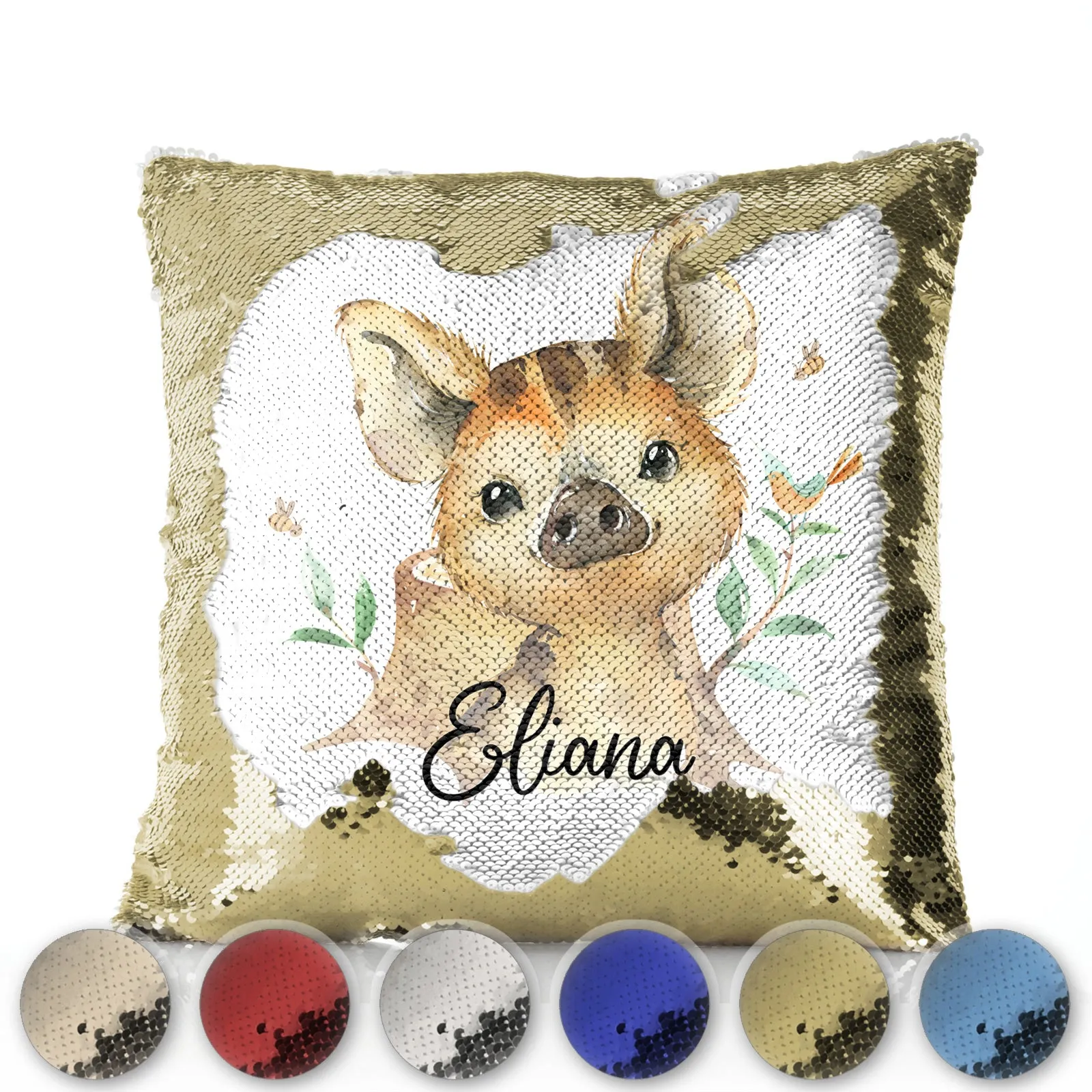 Personalised Sequin Cushion with Wild Boar Piglet with Bird and Bees and Cute Text