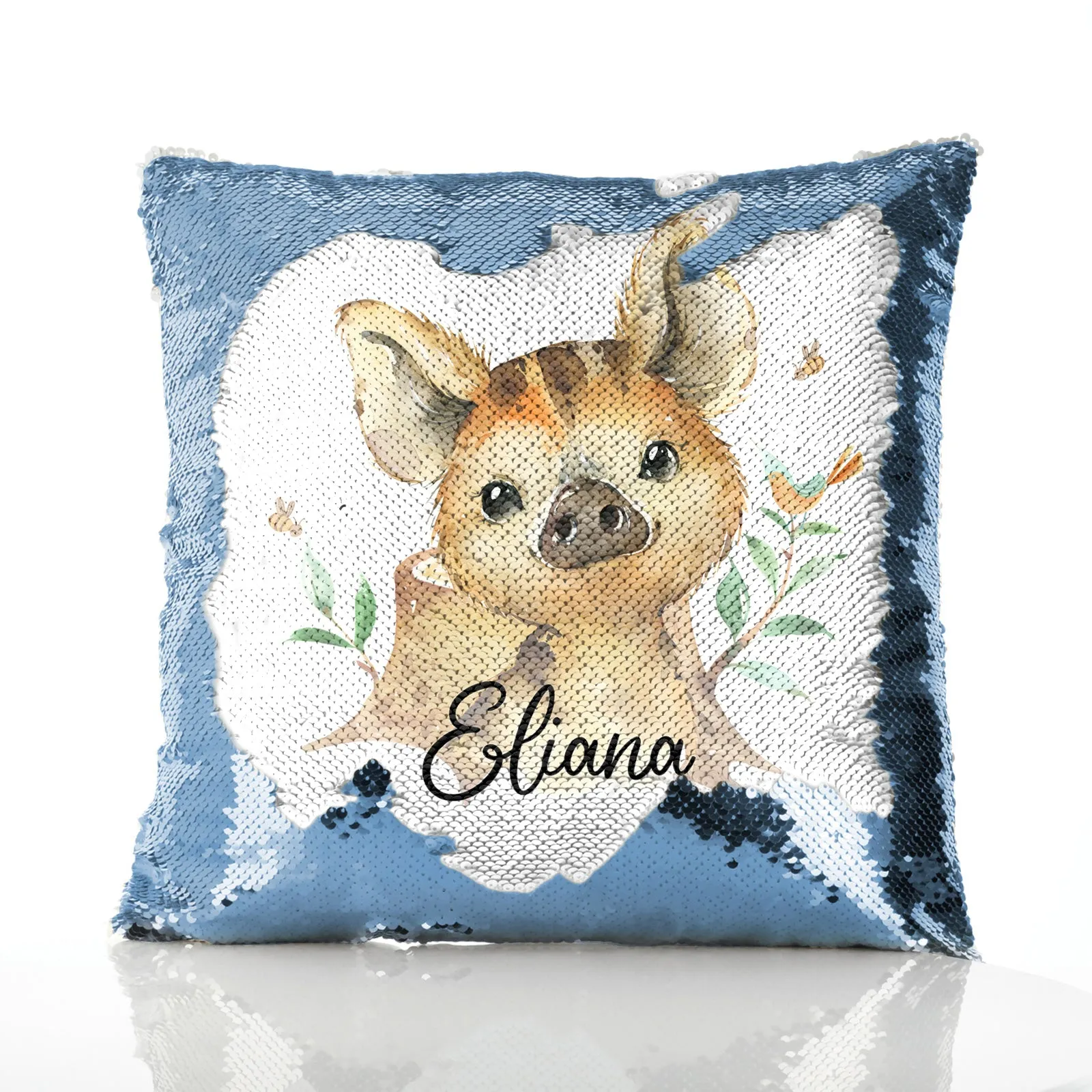 Personalised Sequin Cushion with Wild Boar Piglet with Bird and Bees and Cute Text